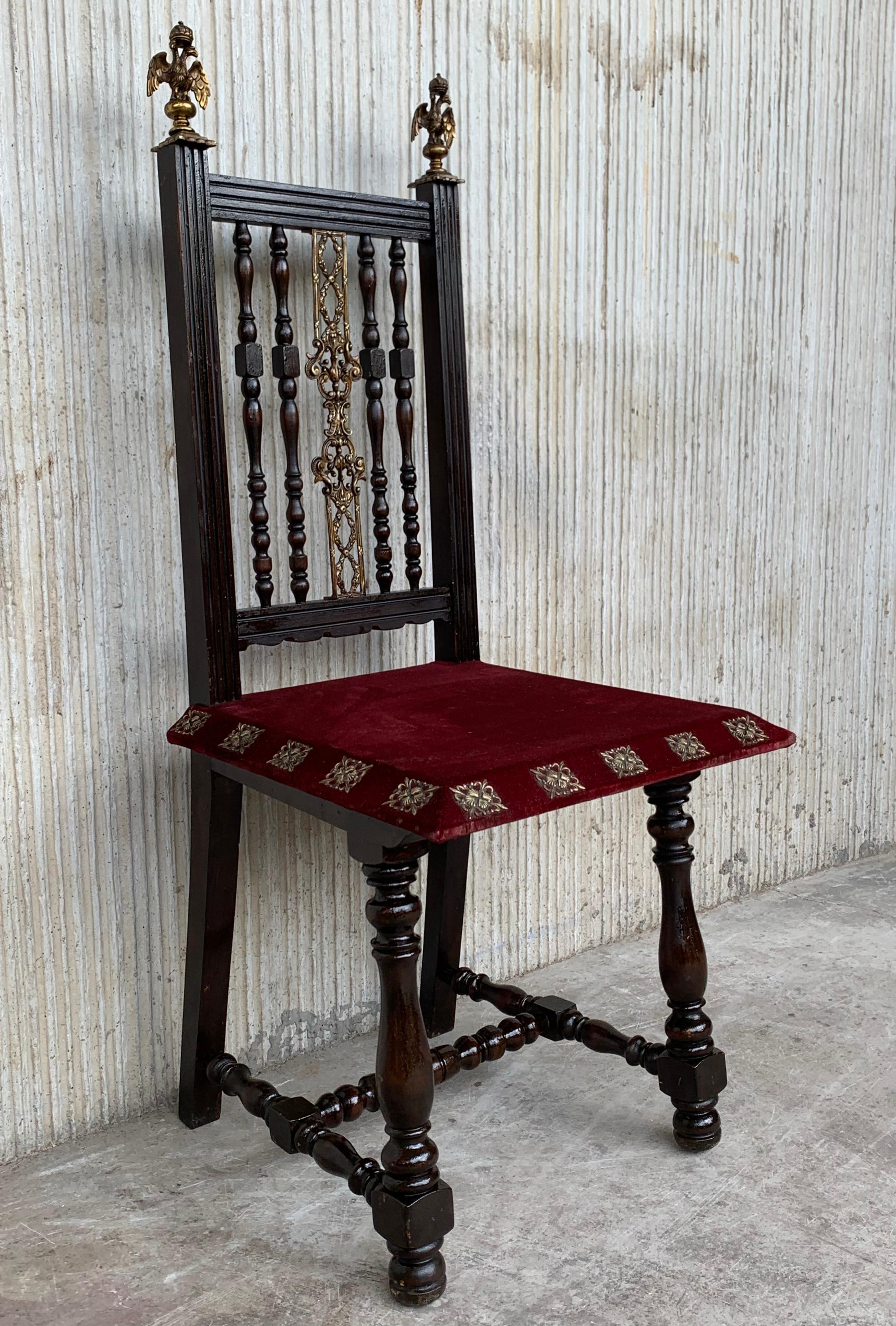 19th Century 19th Set of Six Spanish Chairs with Bronze Details and Red Velvet Upholstery For Sale