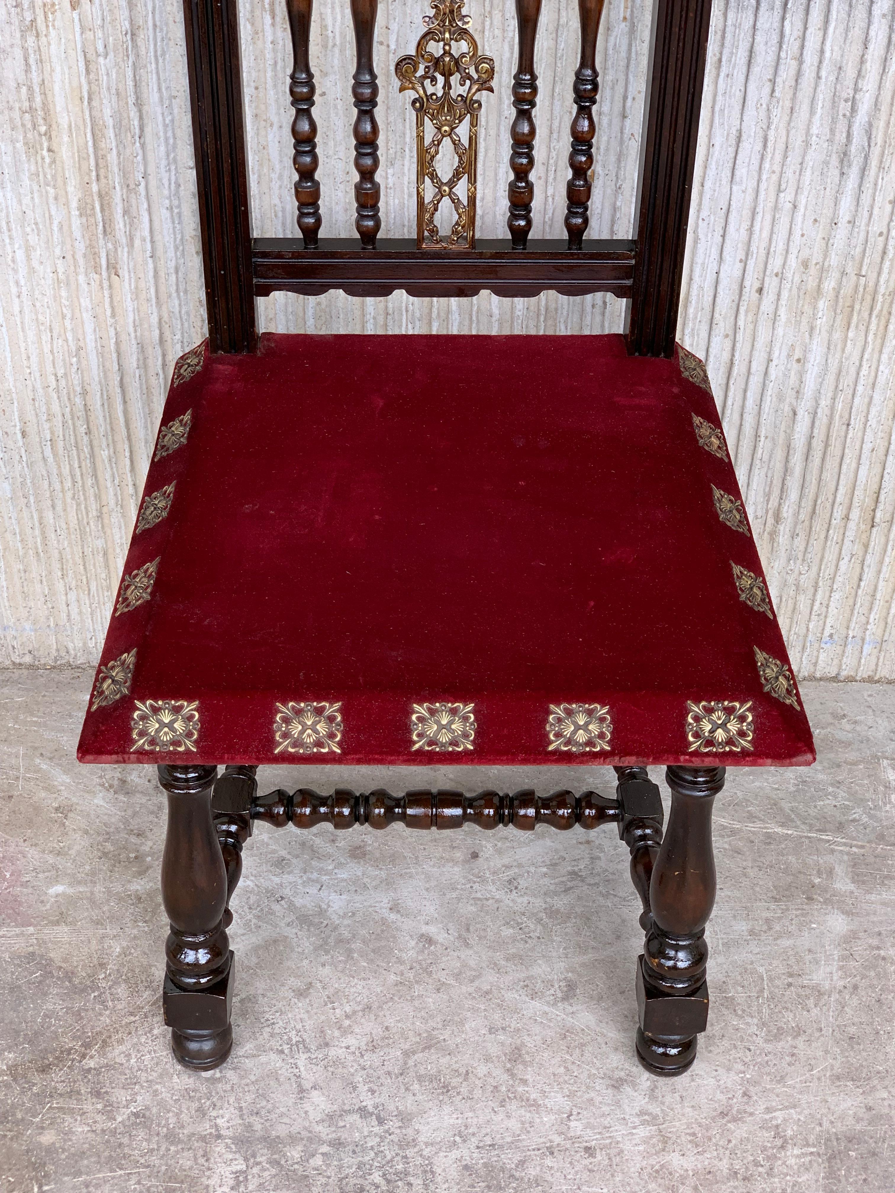 19th Set of Six Spanish Chairs with Bronze Details and Red Velvet Upholstery For Sale 4