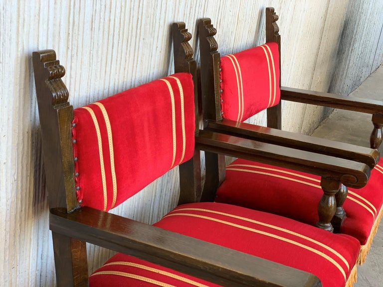 19th Set of Six Spanish Low Armchairs in Carved Walnut and Red Velvet