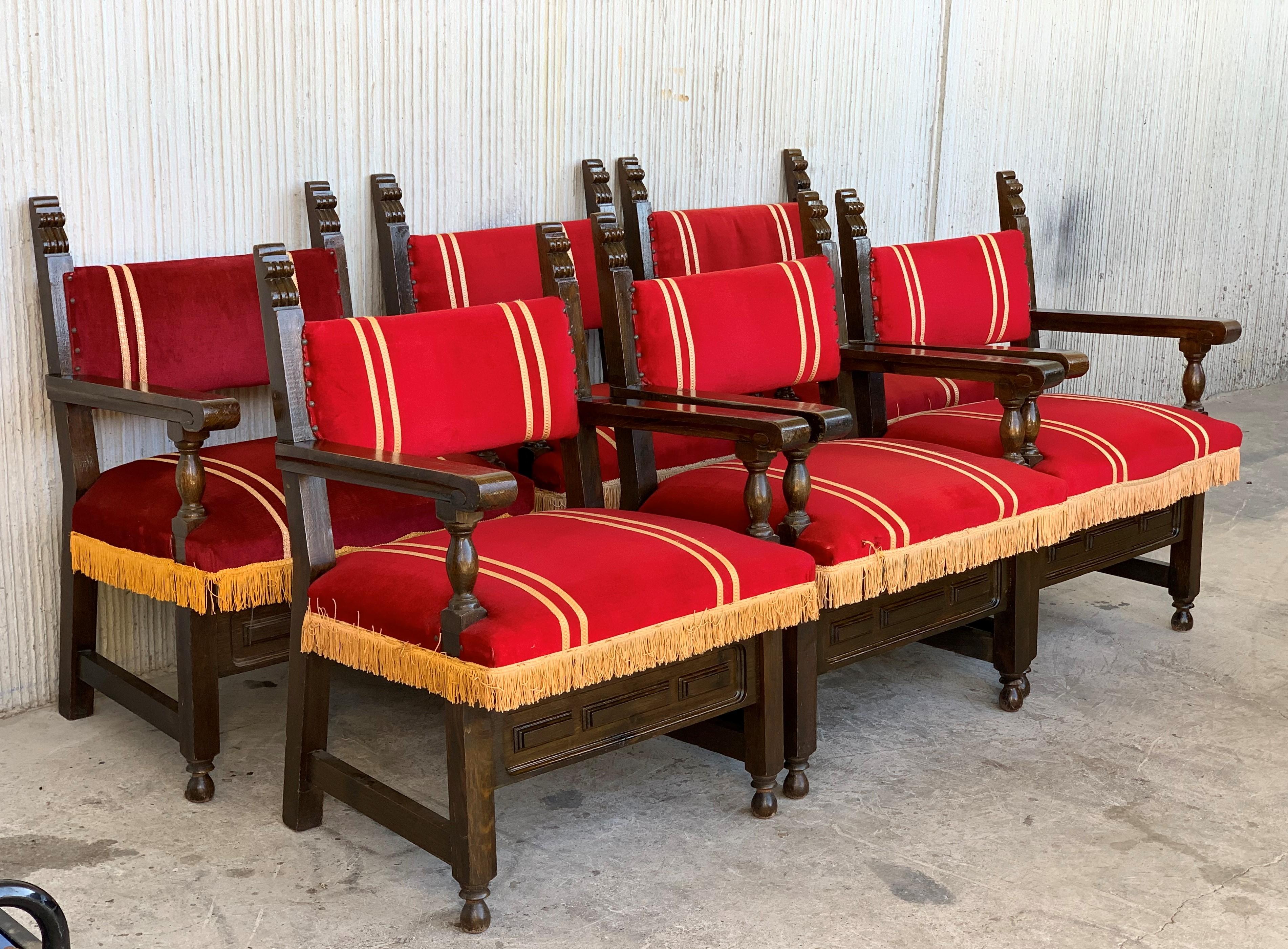 19th century set of six Spanish low armchairs in carved walnut and red velvet upholstery decorated with yellow fringes.


Arm Height: 24.6in

   