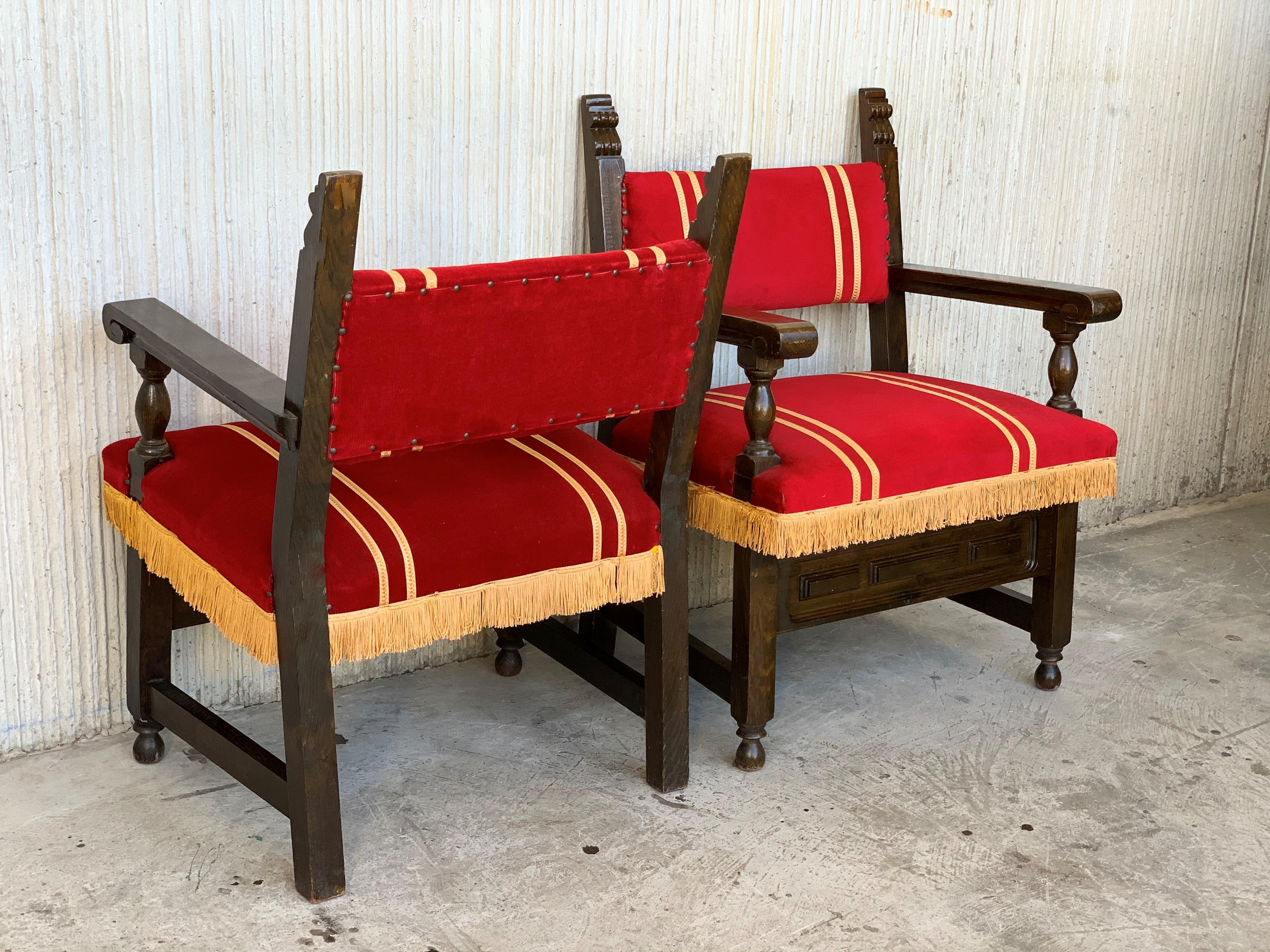 19th Set of Six Spanish Low Armchairs in Carved Walnut and Red Velvet Upholstery In Good Condition For Sale In Miami, FL