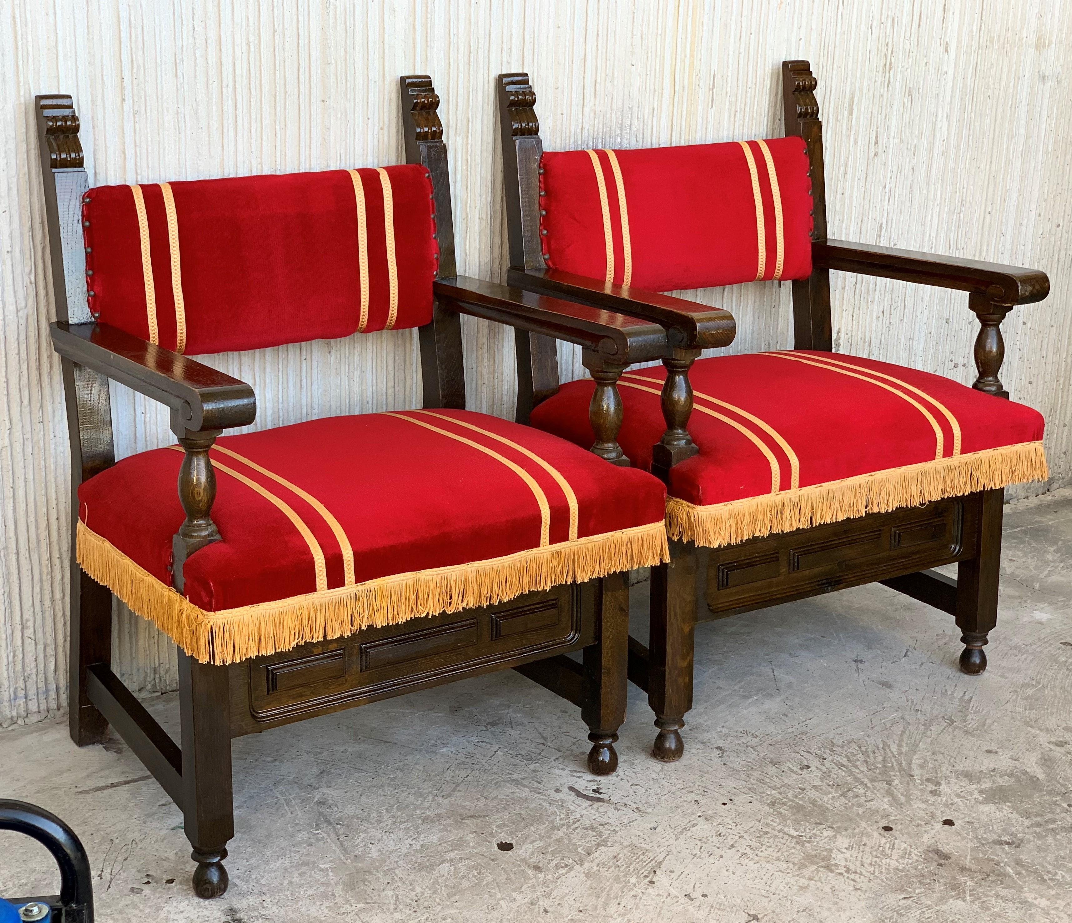 19th Set of Six Spanish Low Armchairs in Carved Walnut and Red Velvet Upholstery For Sale 3