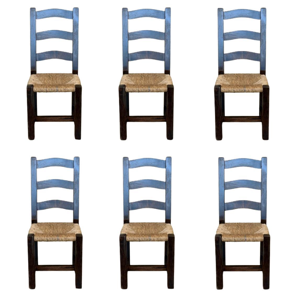 19th Set of Six Spanish Solid Walnut Chairs with Cane For Sale