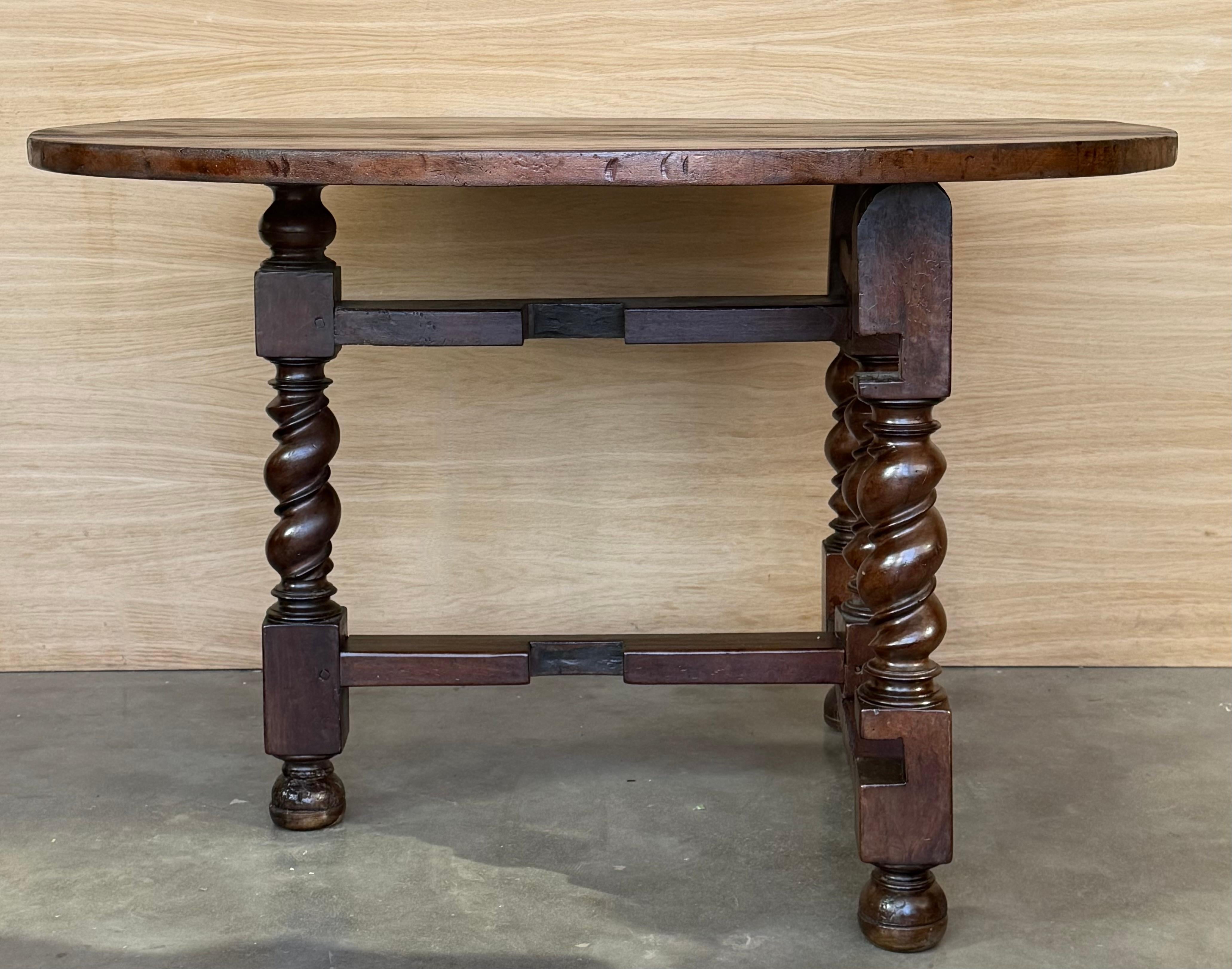 Spanish 19th Solid Walnut Folding Round Table with Solomonic Legs For Sale