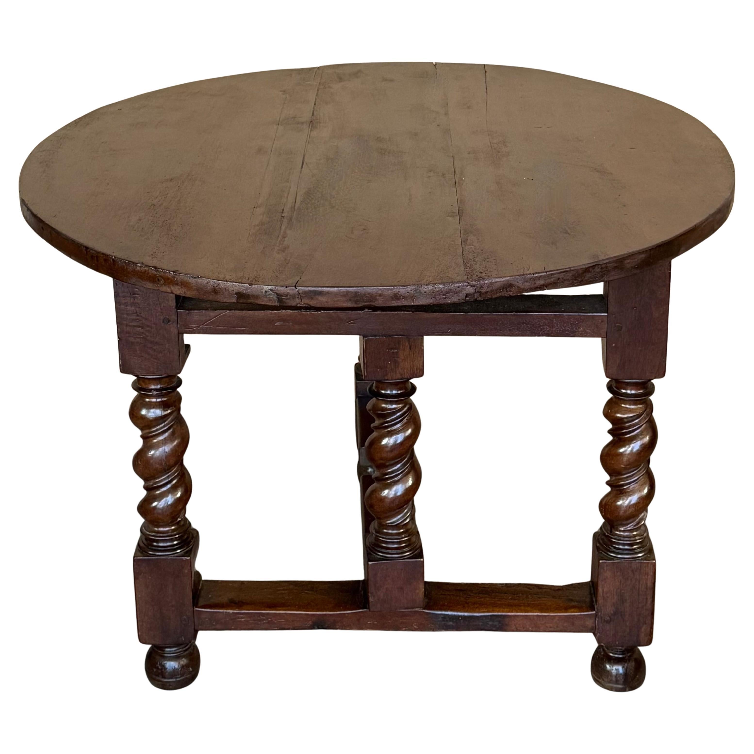 19th Solid Walnut Folding Round Table with Solomonic Legs For Sale