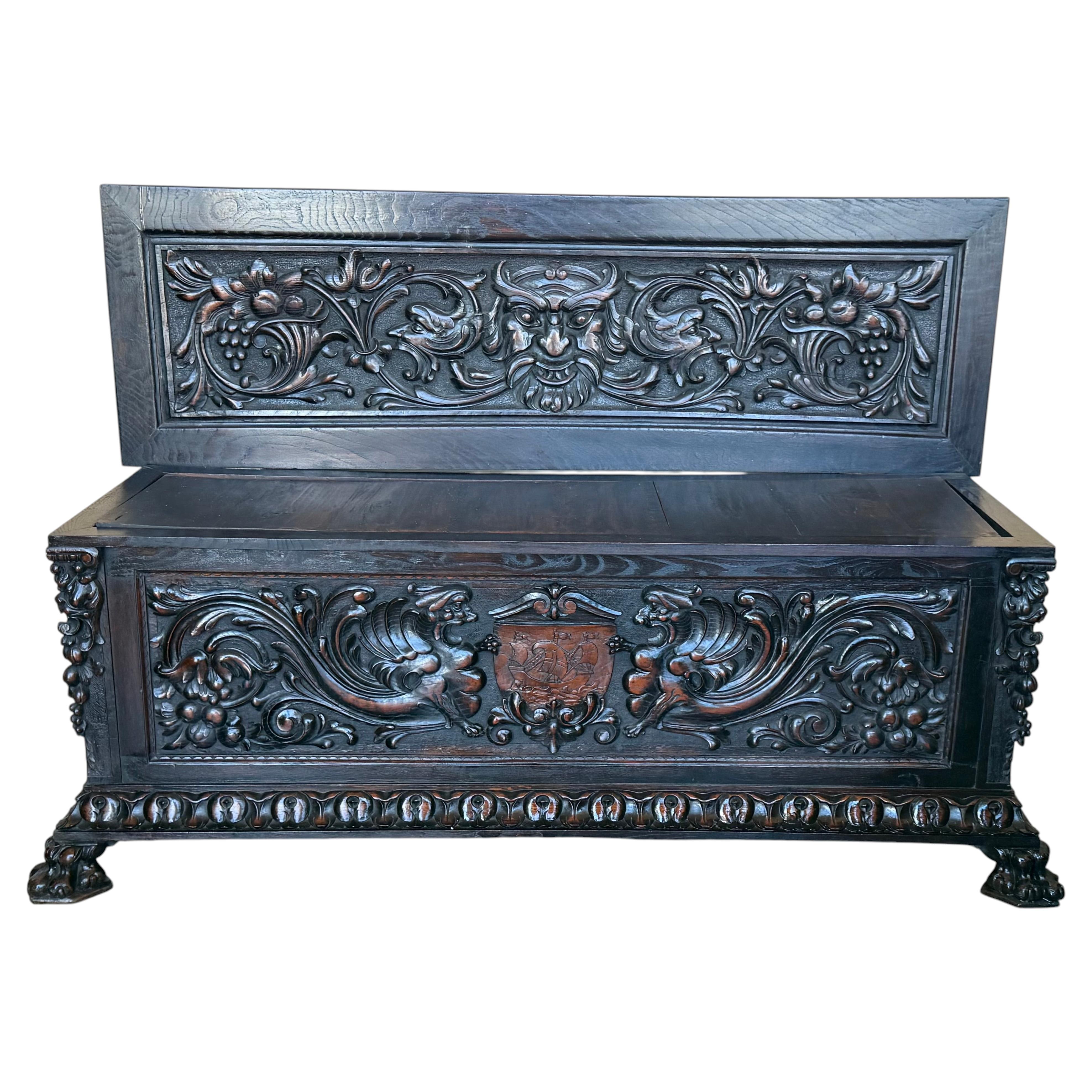 19th Spanish Baroque Carved Large Hall Bench with Storage