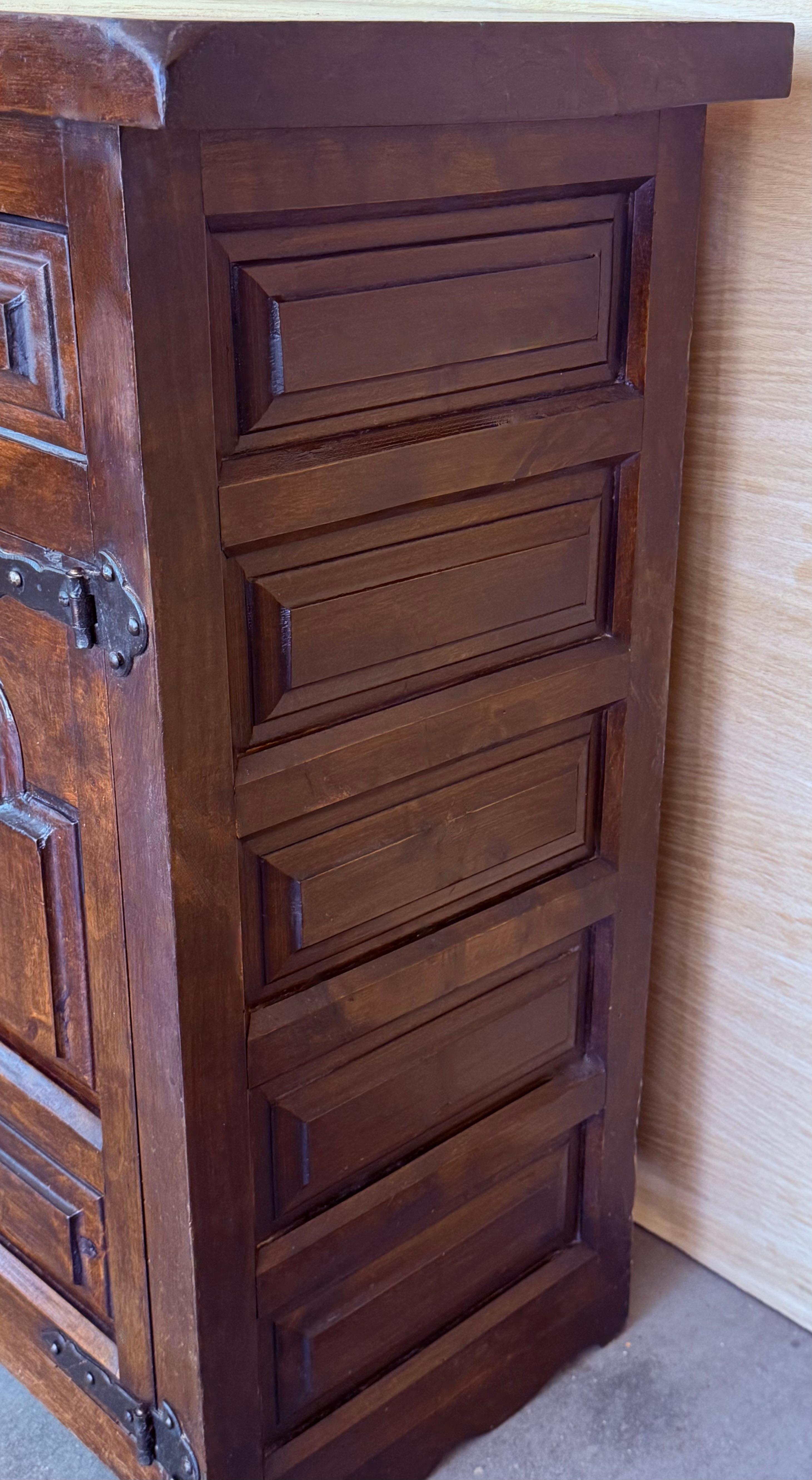 19th Spanish Baroque Carved Walnut Narrow Two Drawer Credenza or Buffet For Sale 5
