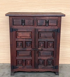 19th Spanish Baroque Carved Walnut Narrow Two Drawer Credenza or Buffet