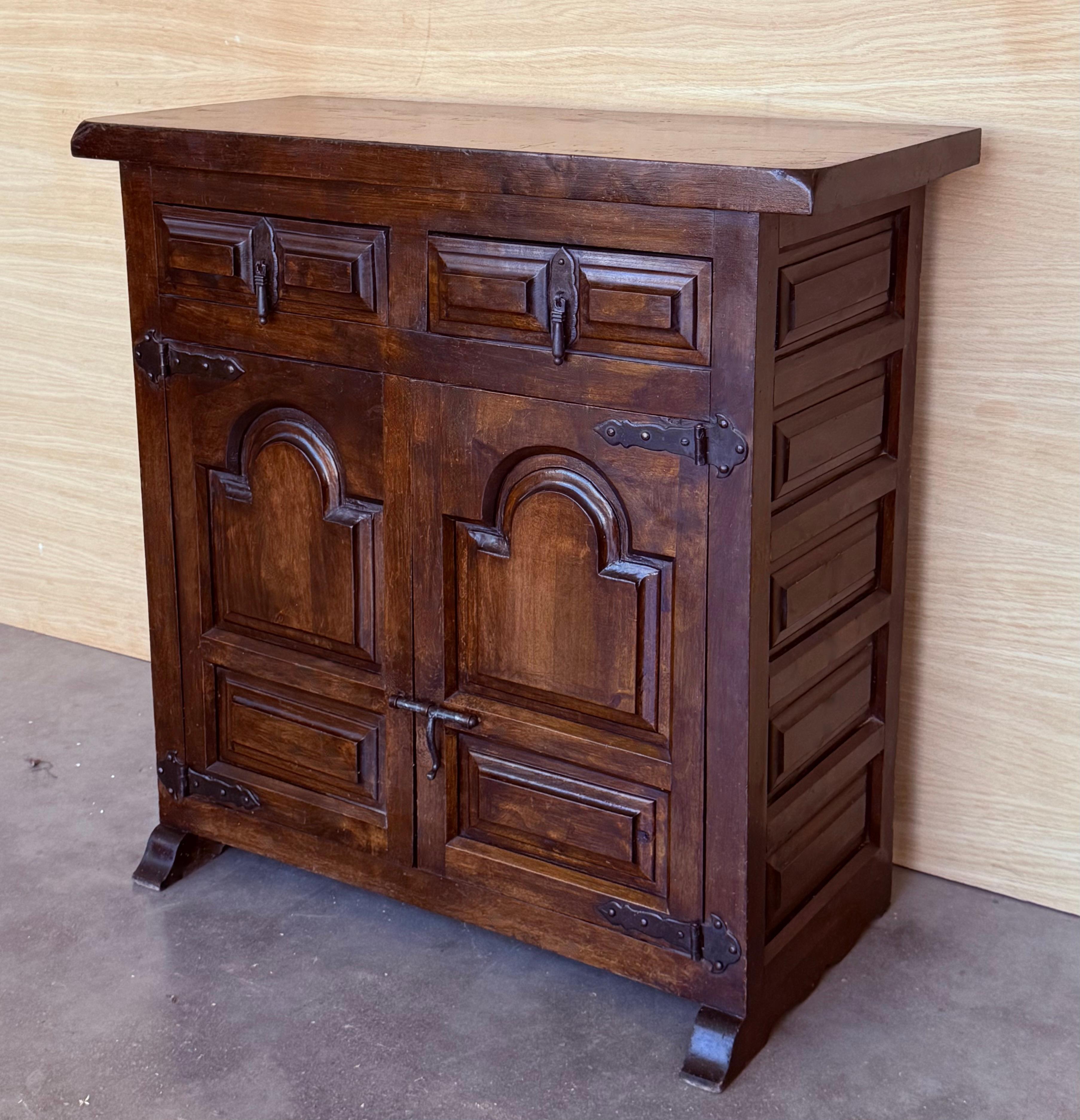 19th Spanish Baroque Carved Walnut Narrow Two Drawer Credenza or Buffet In Good Condition For Sale In Miami, FL