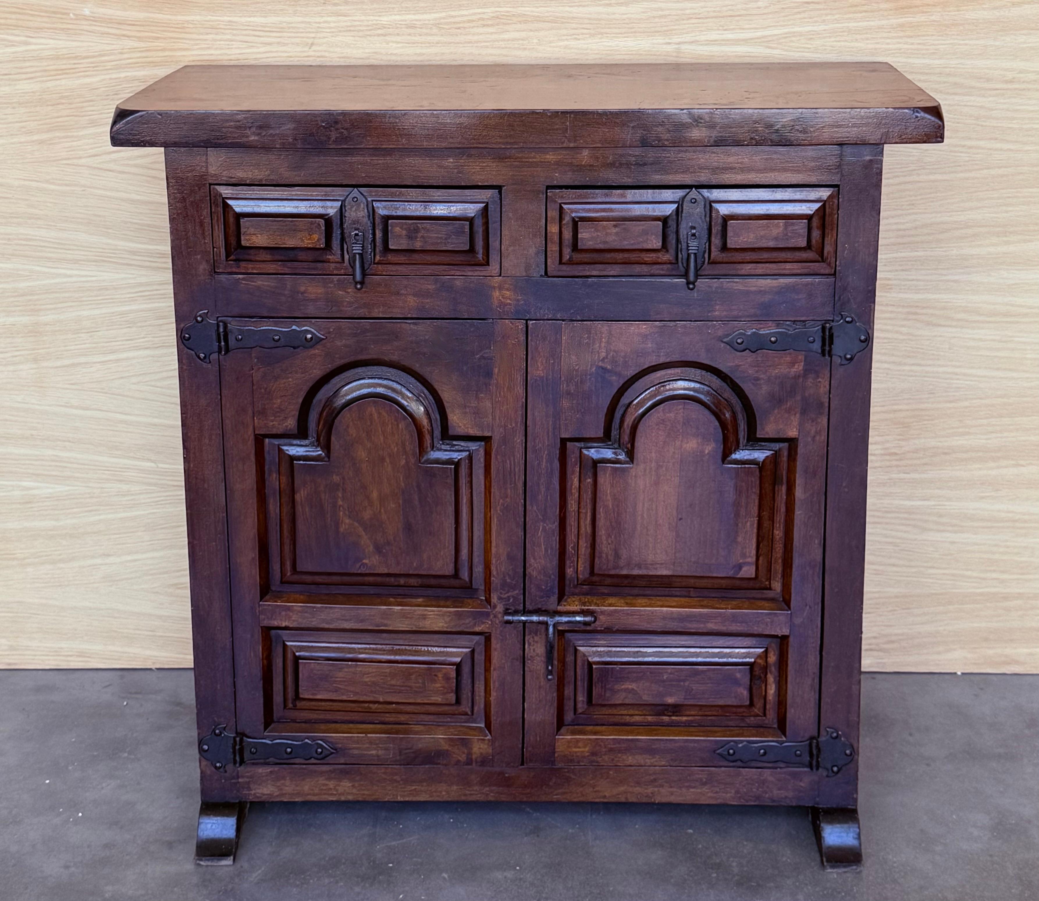 19th Century 19th Spanish Baroque Carved Walnut Narrow Two Drawer Credenza or Buffet For Sale