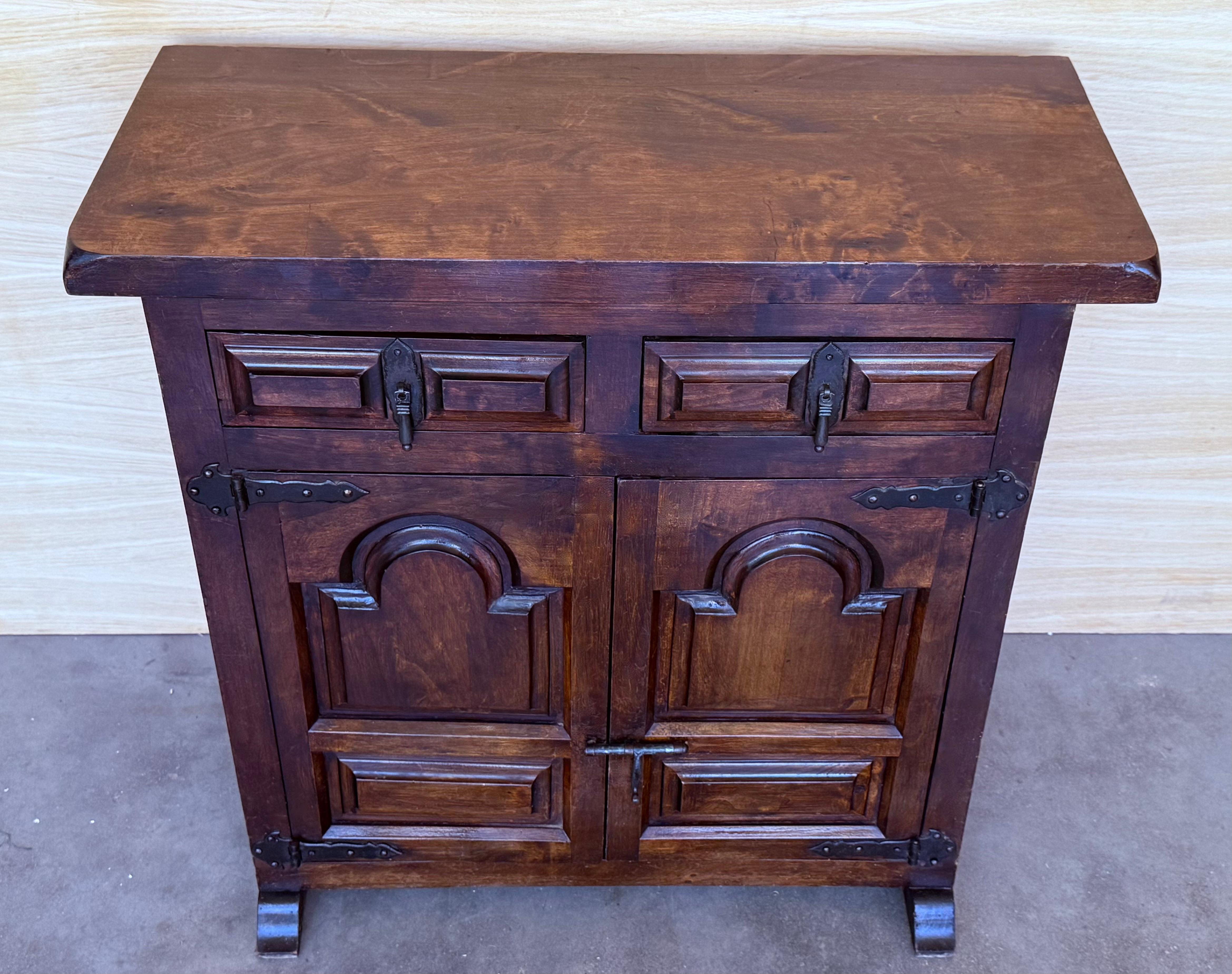 Iron 19th Spanish Baroque Carved Walnut Narrow Two Drawer Credenza or Buffet For Sale