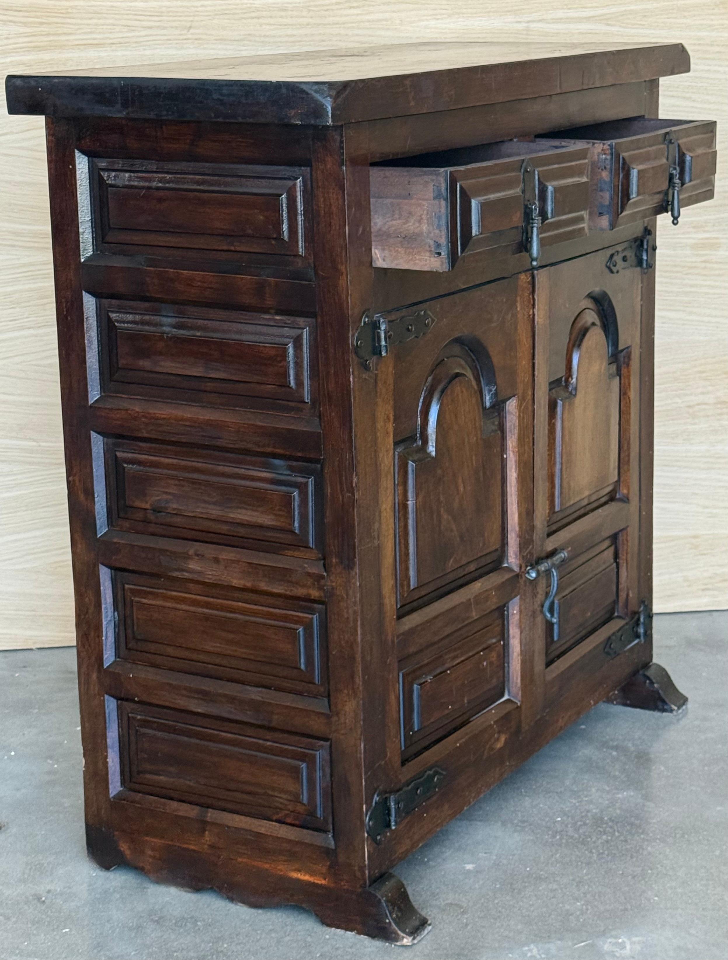 19th Spanish Baroque Carved Walnut Narrow Two Drawer Credenza or Buffet For Sale 1