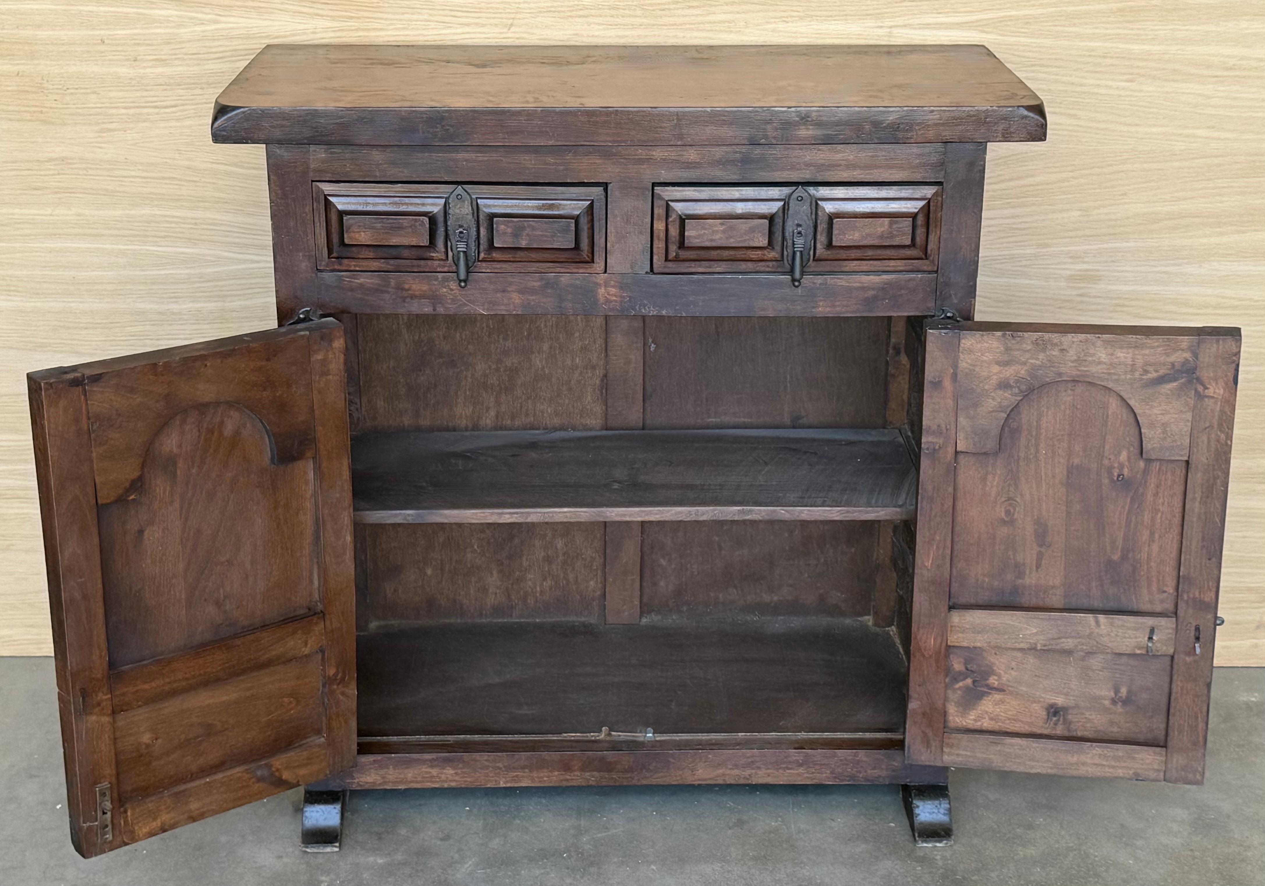 19th Spanish Baroque Carved Walnut Narrow Two Drawer Credenza or Buffet For Sale 2