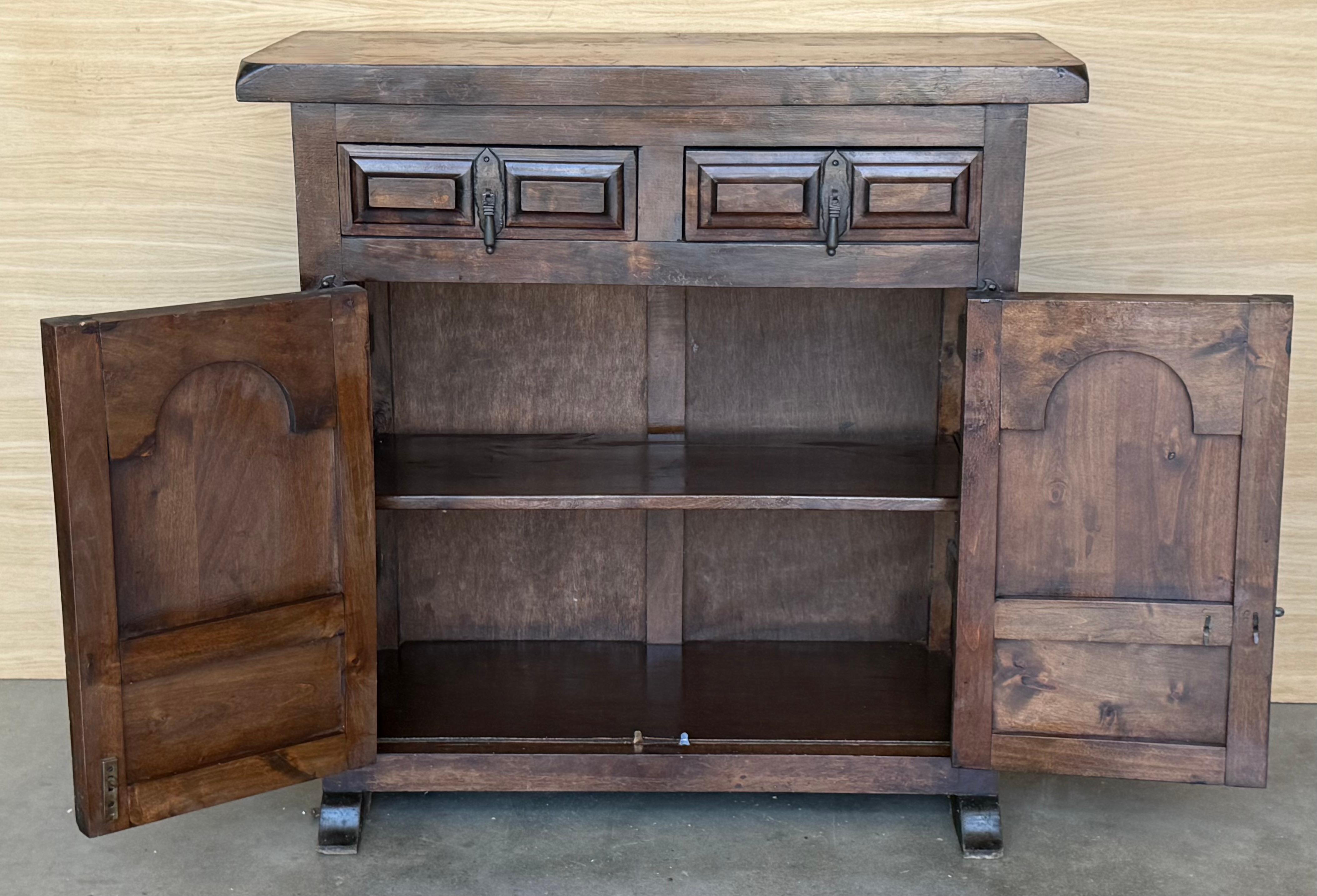 19th Spanish Baroque Carved Walnut Narrow Two Drawer Credenza or Buffet For Sale 3