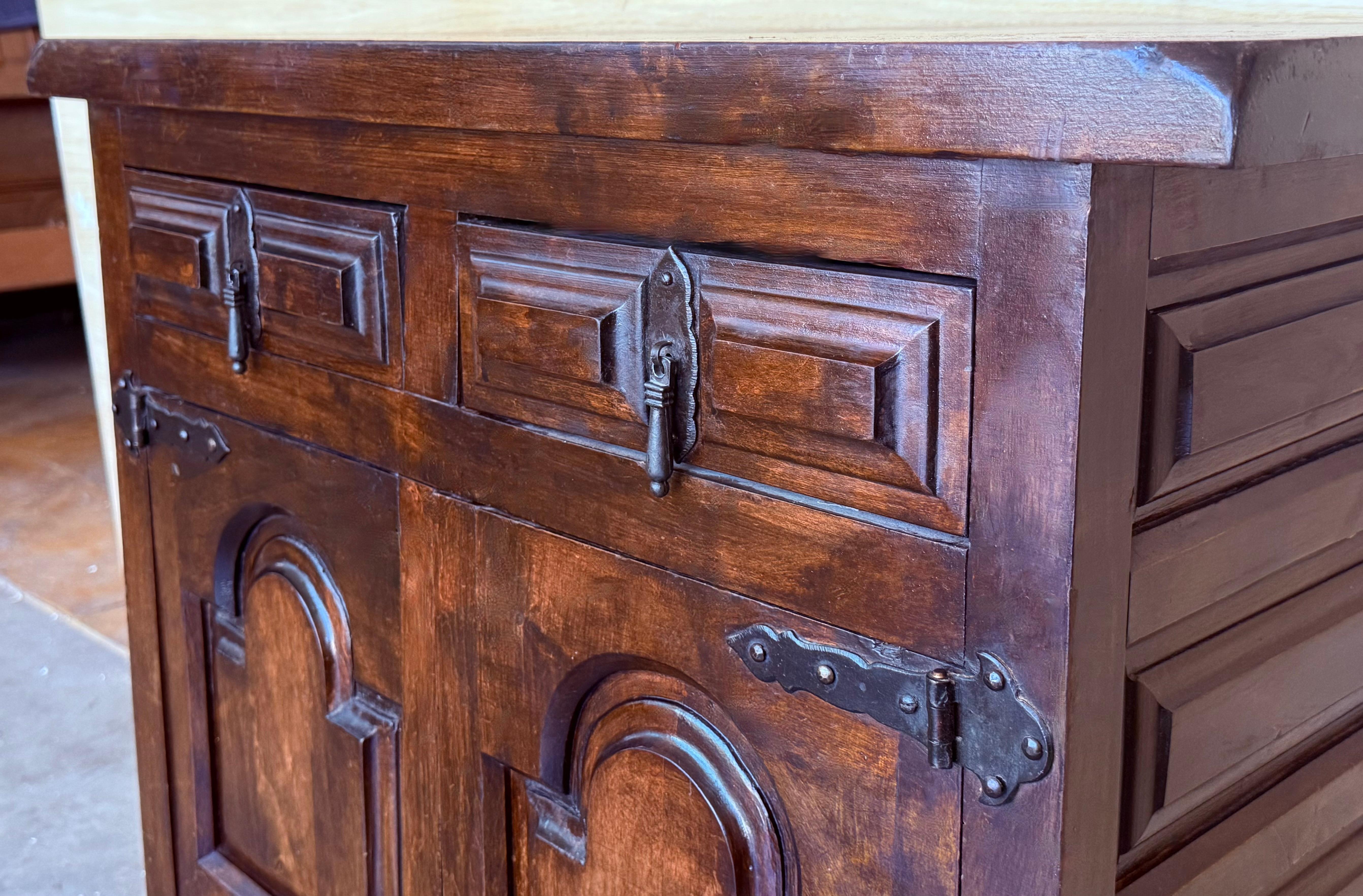 19th Spanish Baroque Carved Walnut Narrow Two Drawer Credenza or Buffet For Sale 4