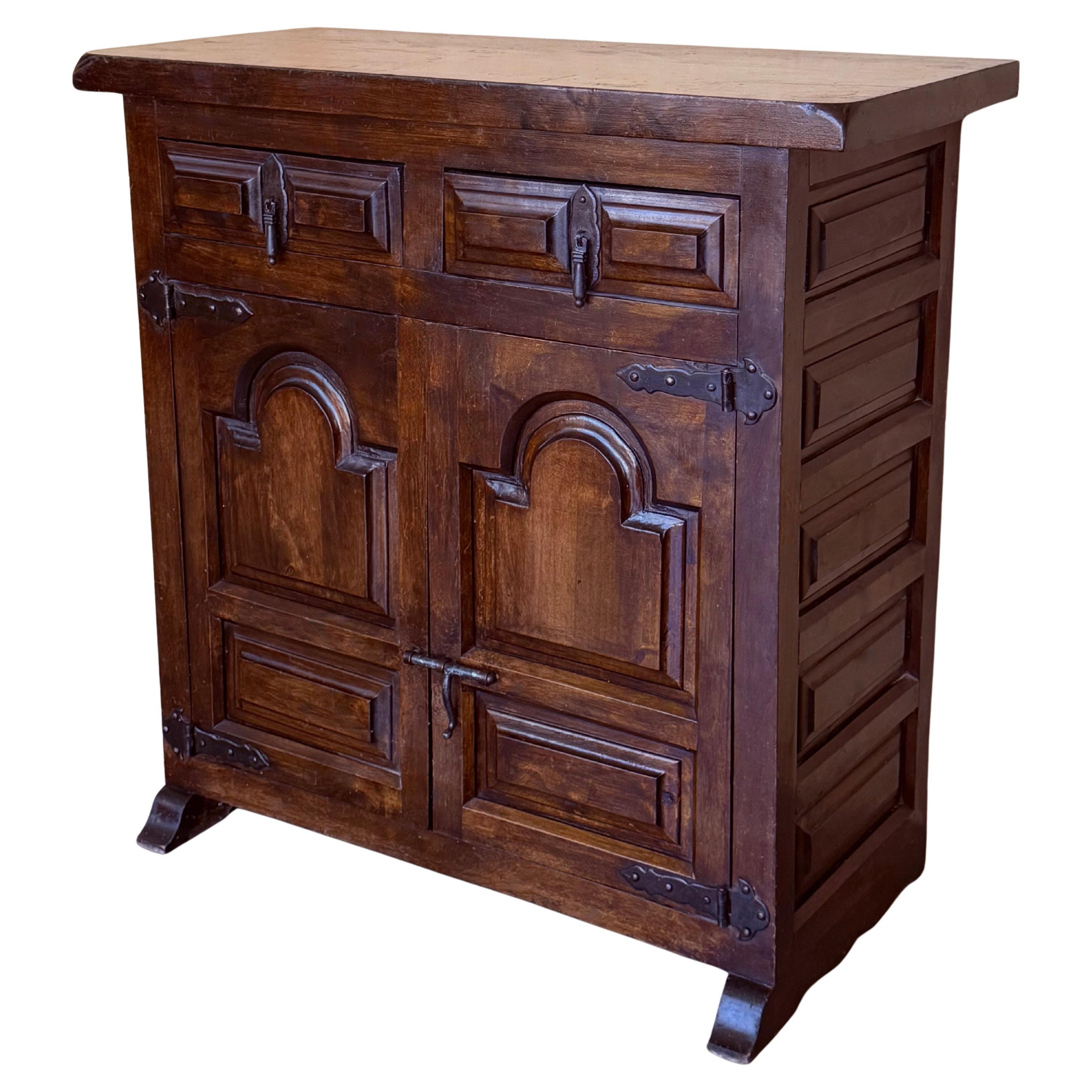 19th Spanish Baroque Carved Walnut Narrow Two Drawer Credenza or Buffet For Sale
