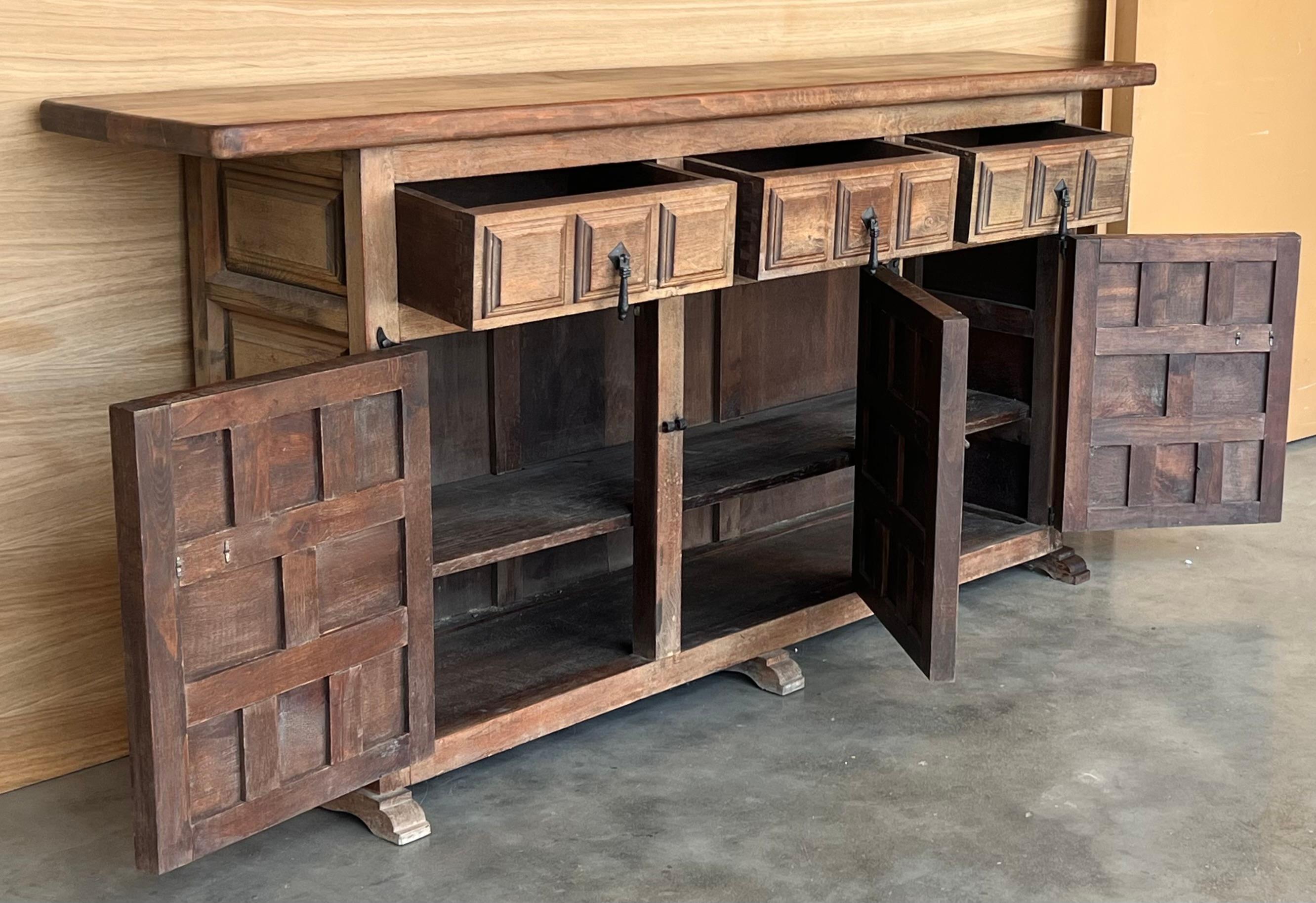 19th Spanish Baroque Carved Walnut Tuscan Three Drawer Credenza or Buffet For Sale 5