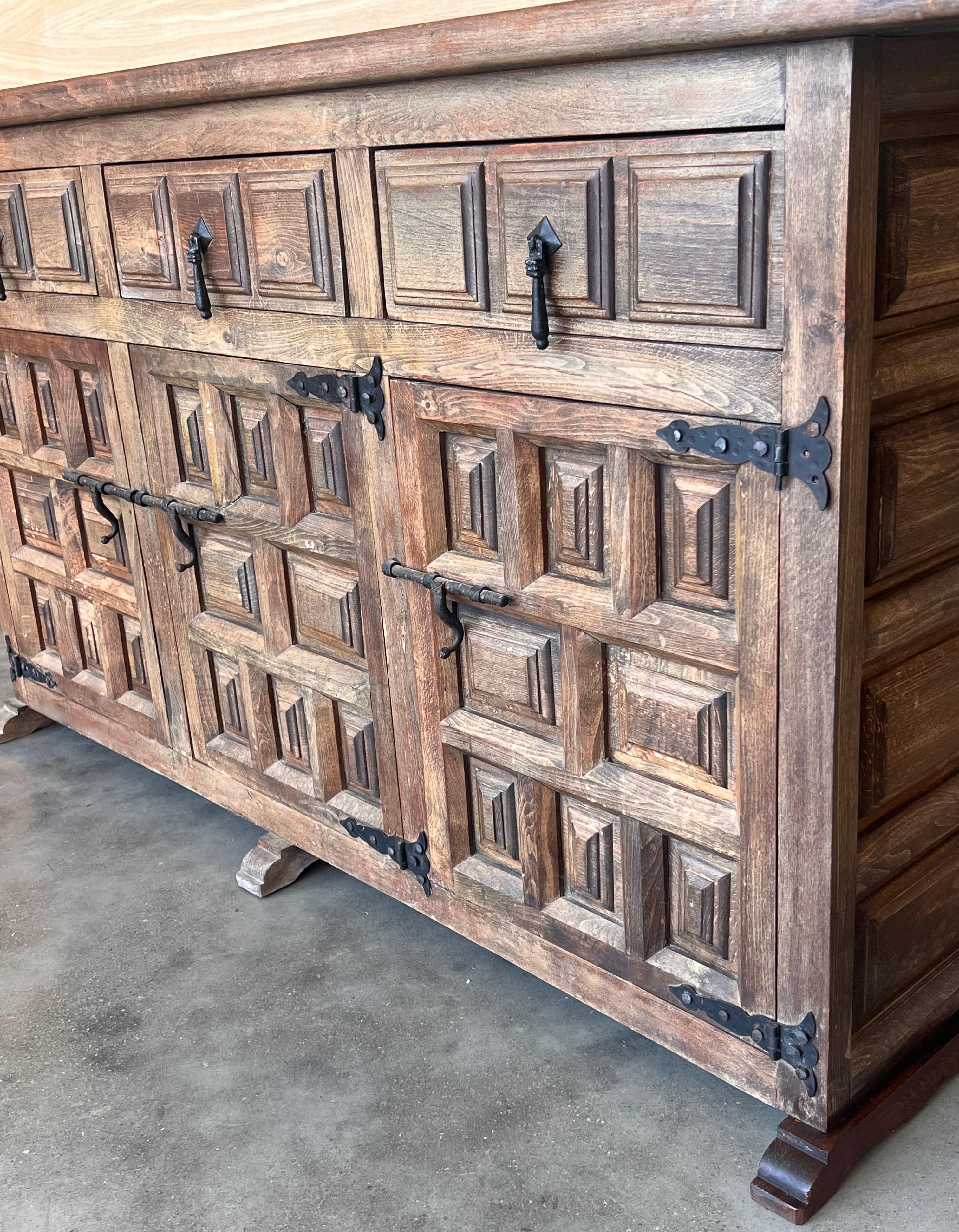 19th Spanish Baroque Carved Walnut Tuscan Three Drawer Credenza or Buffet For Sale 6