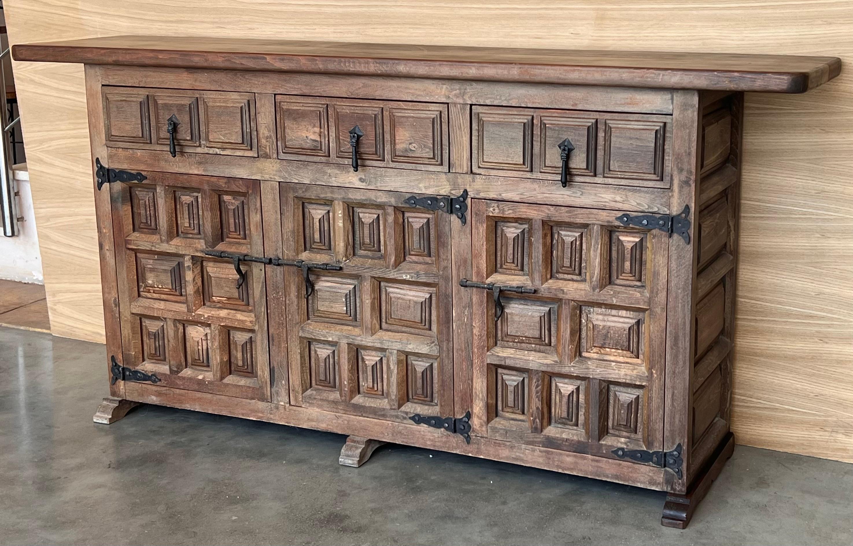 19th Century 19th Spanish Baroque Carved Walnut Tuscan Three Drawer Credenza or Buffet For Sale