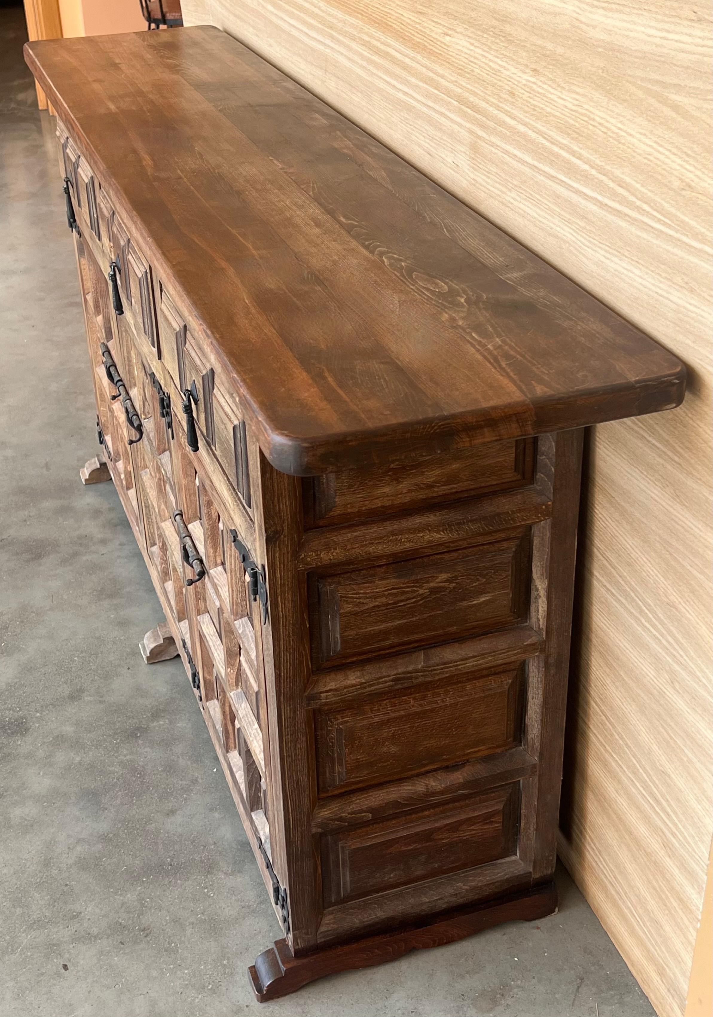Iron 19th Spanish Baroque Carved Walnut Tuscan Three Drawer Credenza or Buffet For Sale