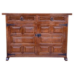 19th Spanish Baroque Carved Walnut Tuscan Three Drawers Credenza or Buffet