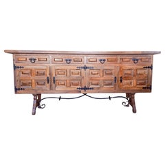19th Spanish Baroque Carved Walnut Tuscan Three Drawers Credenza or Buffet