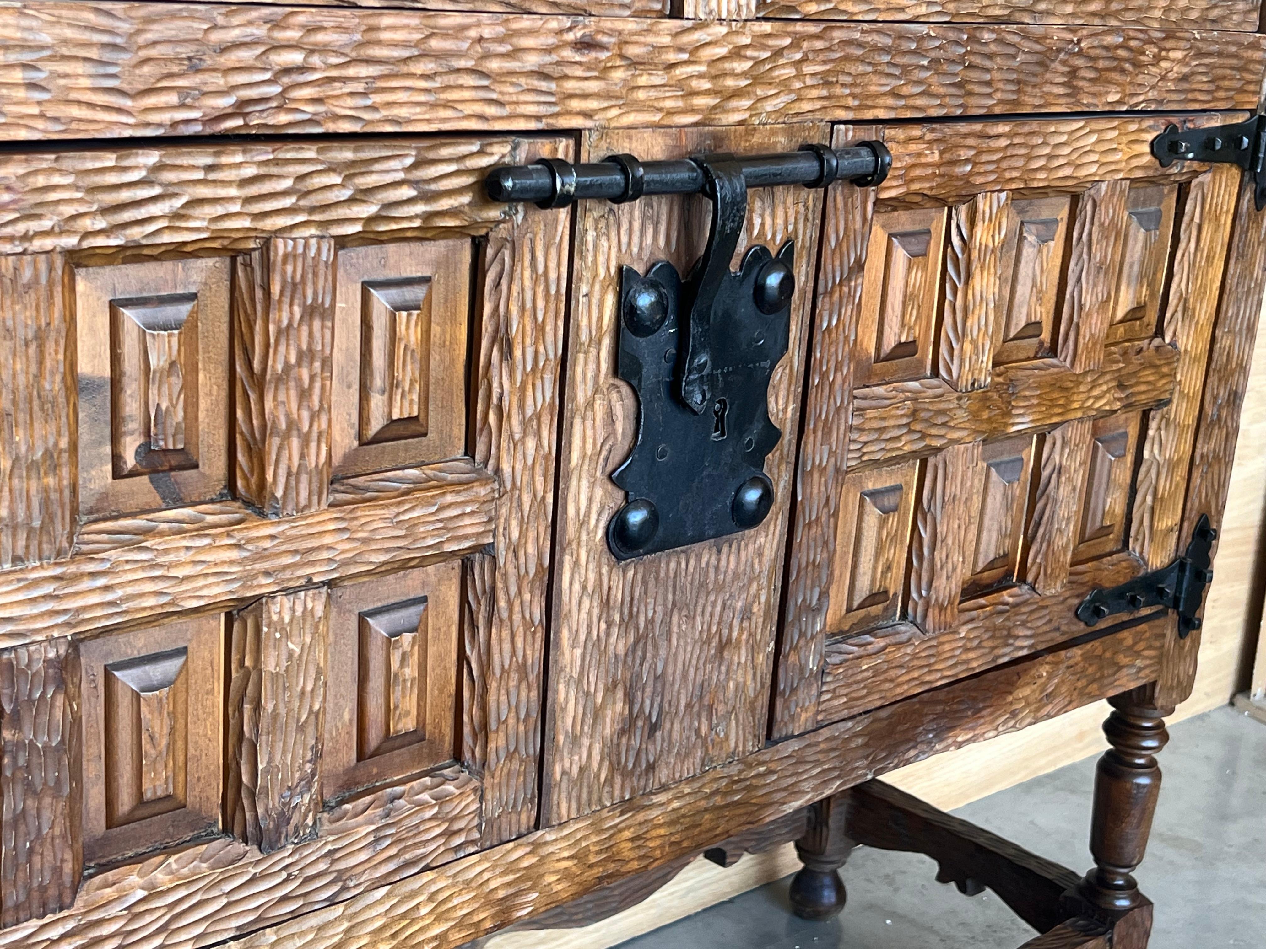 19th Spanish Baroque Carved Walnut Tuscan Two Drawer Credenza or Buffet For Sale 5
