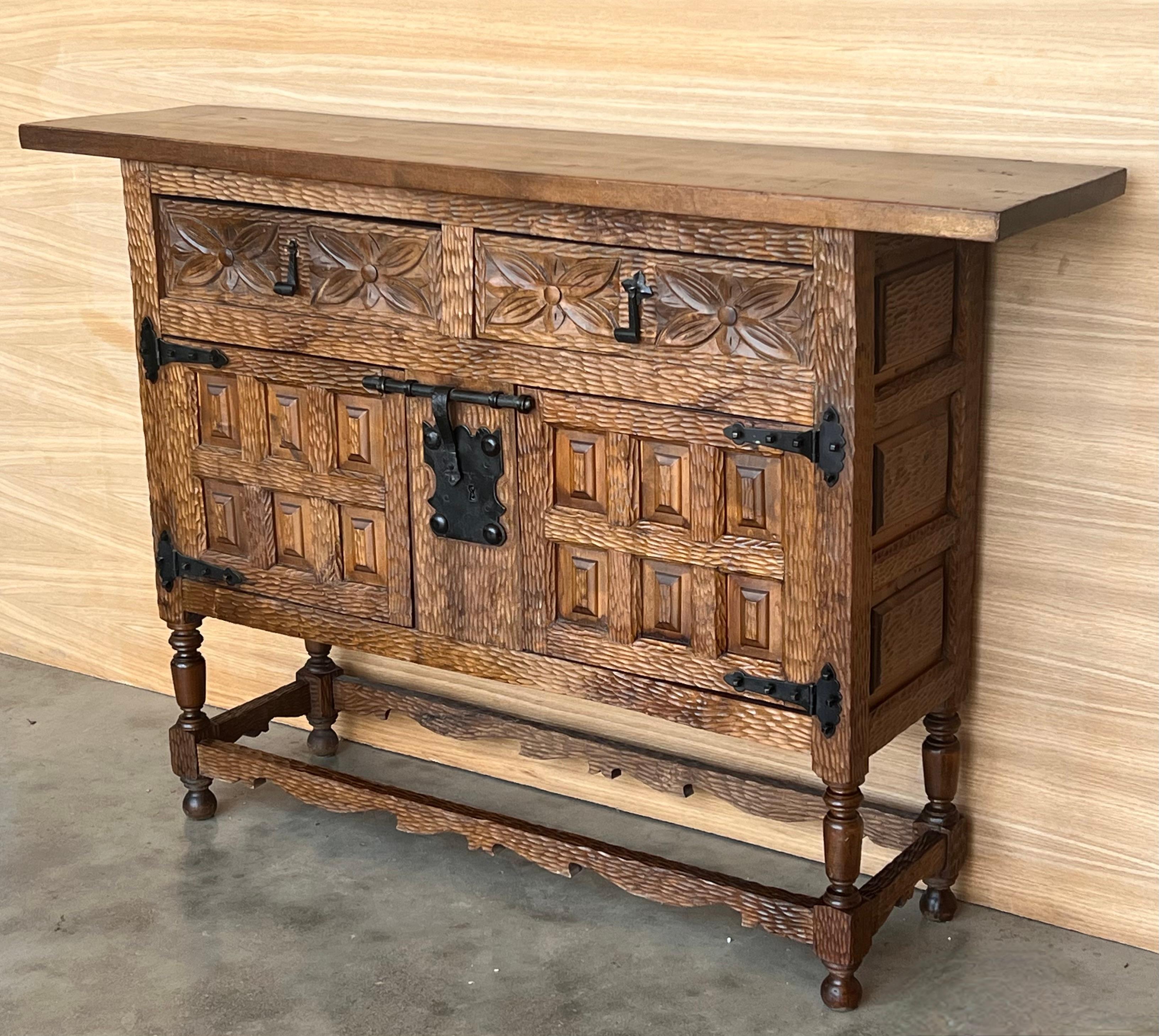 19th Century 19th Spanish Baroque Carved Walnut Tuscan Two Drawer Credenza or Buffet For Sale