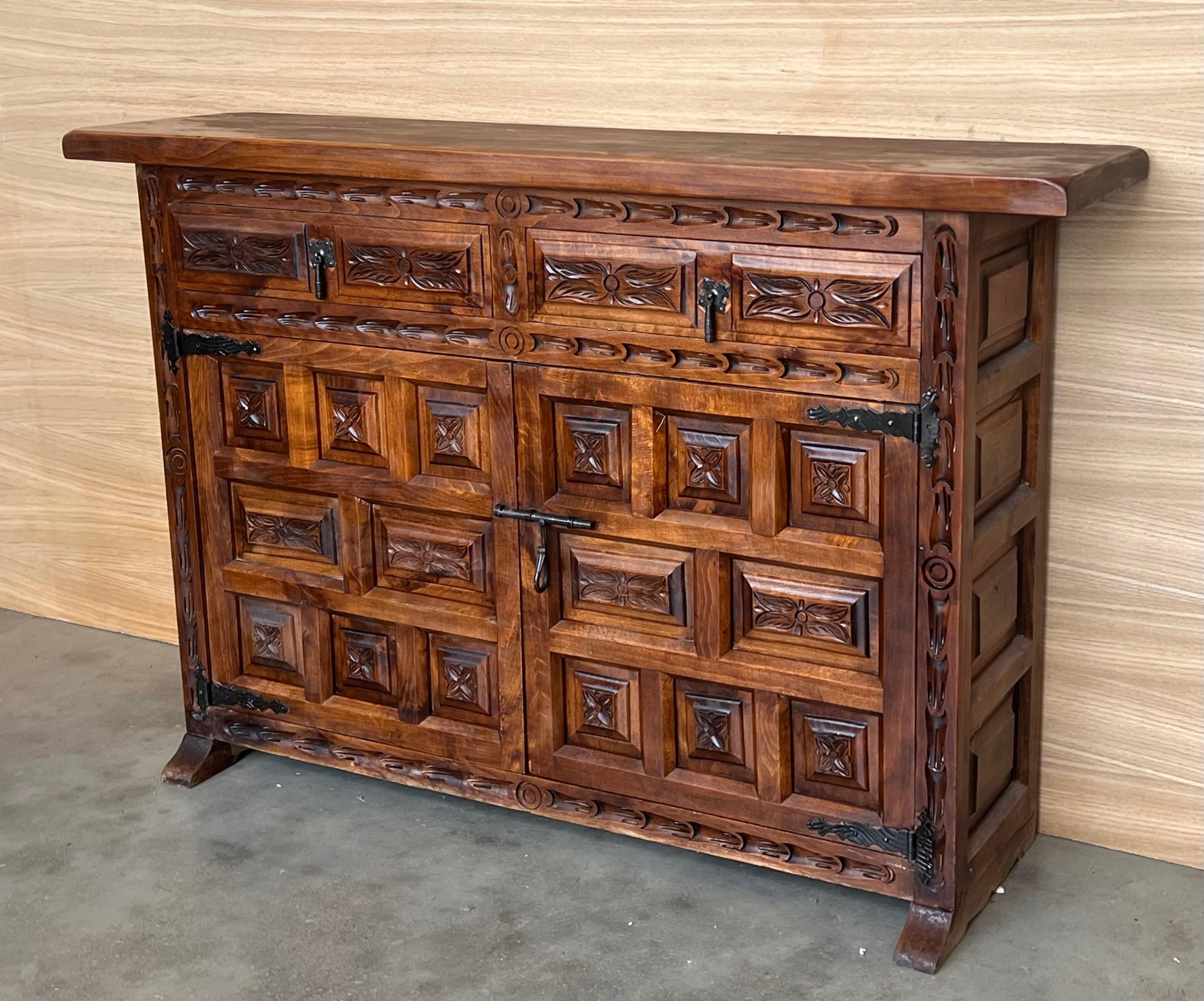 Iron 19th Spanish Baroque Carved Walnut Tuscan Two Drawer Credenza or Buffet For Sale