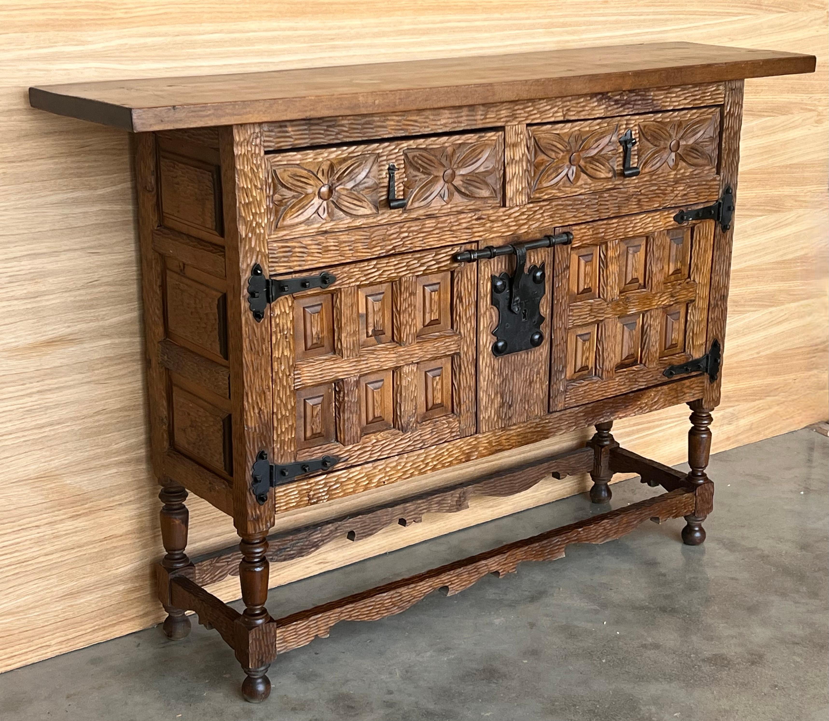 Iron 19th Spanish Baroque Carved Walnut Tuscan Two Drawer Credenza or Buffet For Sale