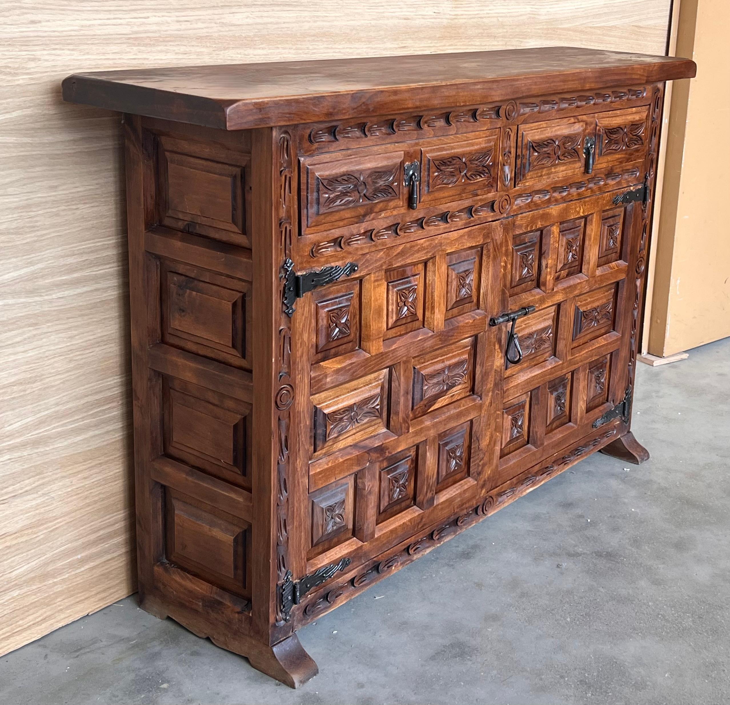 19th Spanish Baroque Carved Walnut Tuscan Two Drawer Credenza or Buffet For Sale 1