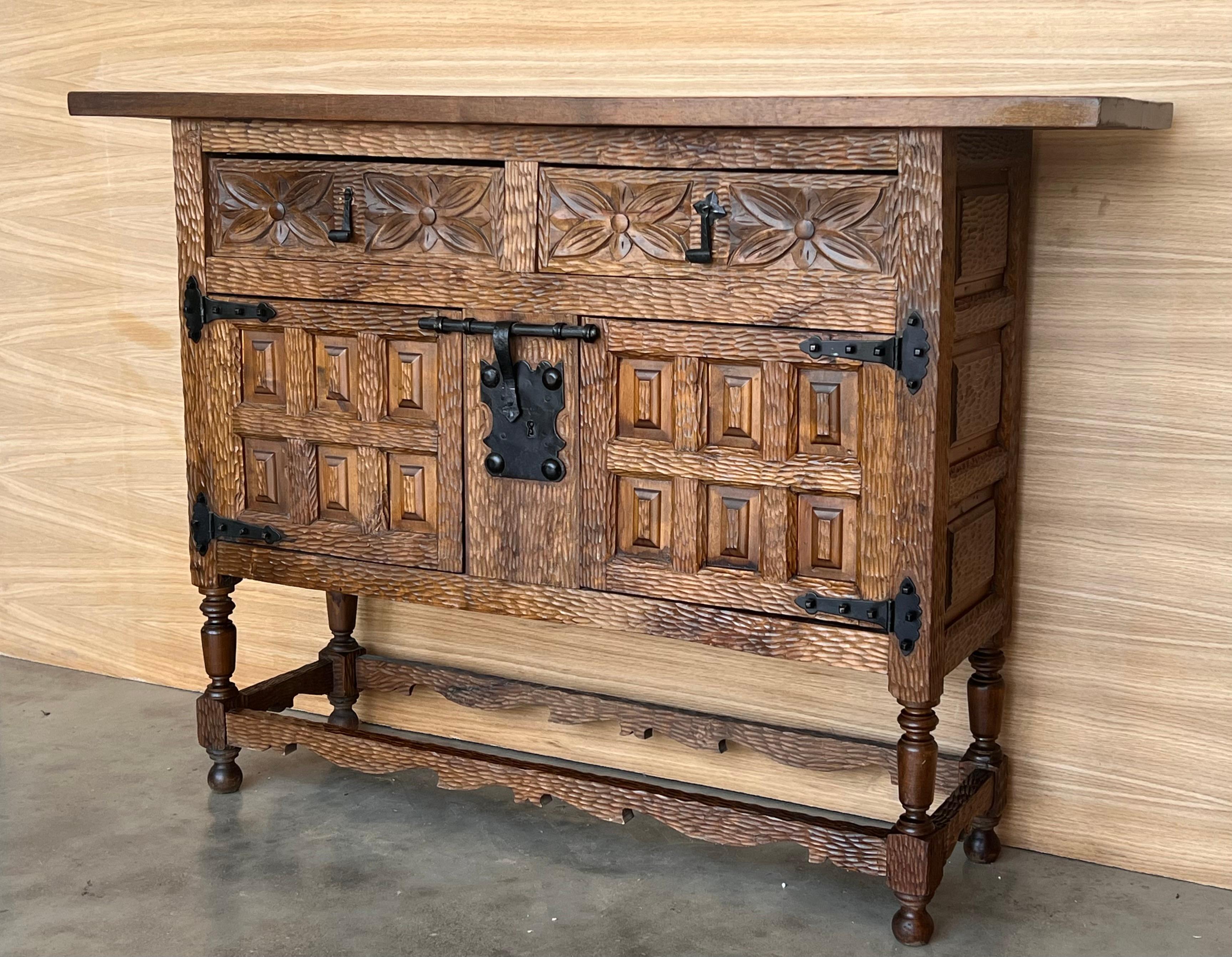 19th Spanish Baroque Carved Walnut Tuscan Two Drawer Credenza or Buffet For Sale 1