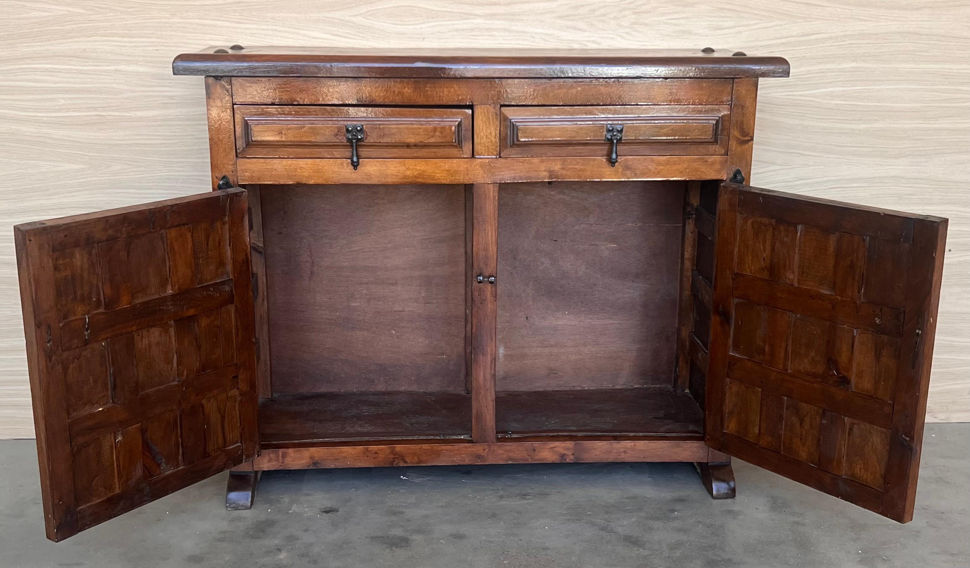 19th Spanish Baroque Carved Walnut Tuscan Two Drawer Credenza or Buffet For Sale 2