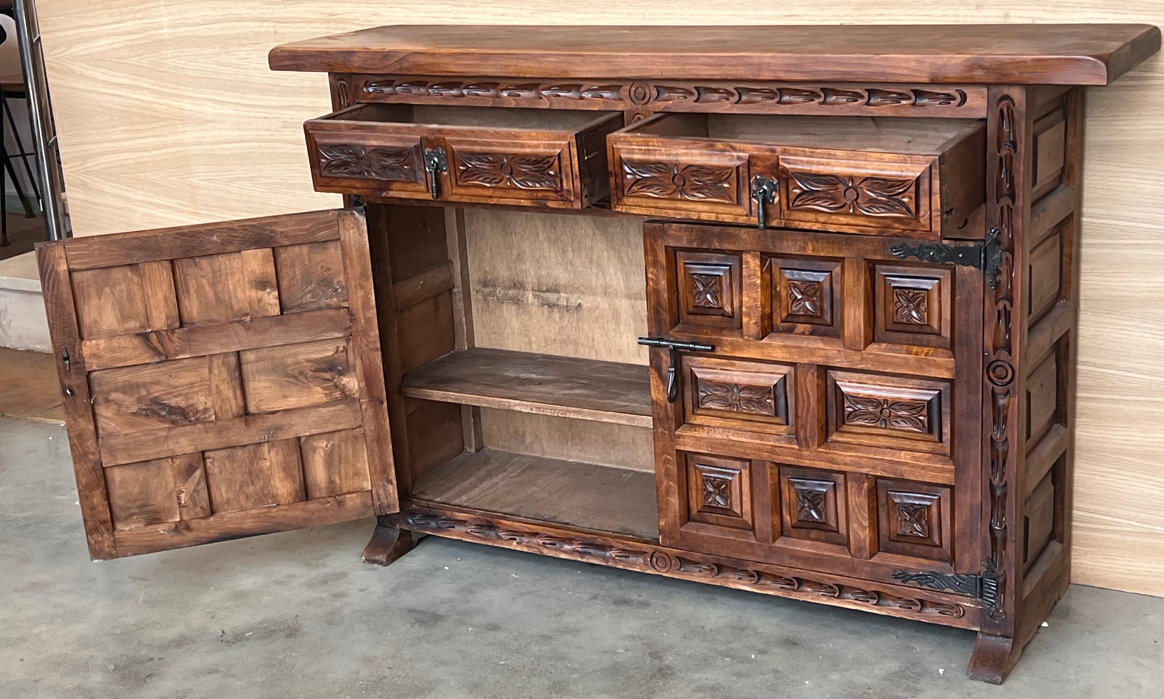 19th Spanish Baroque Carved Walnut Tuscan Two Drawer Credenza or Buffet For Sale 2