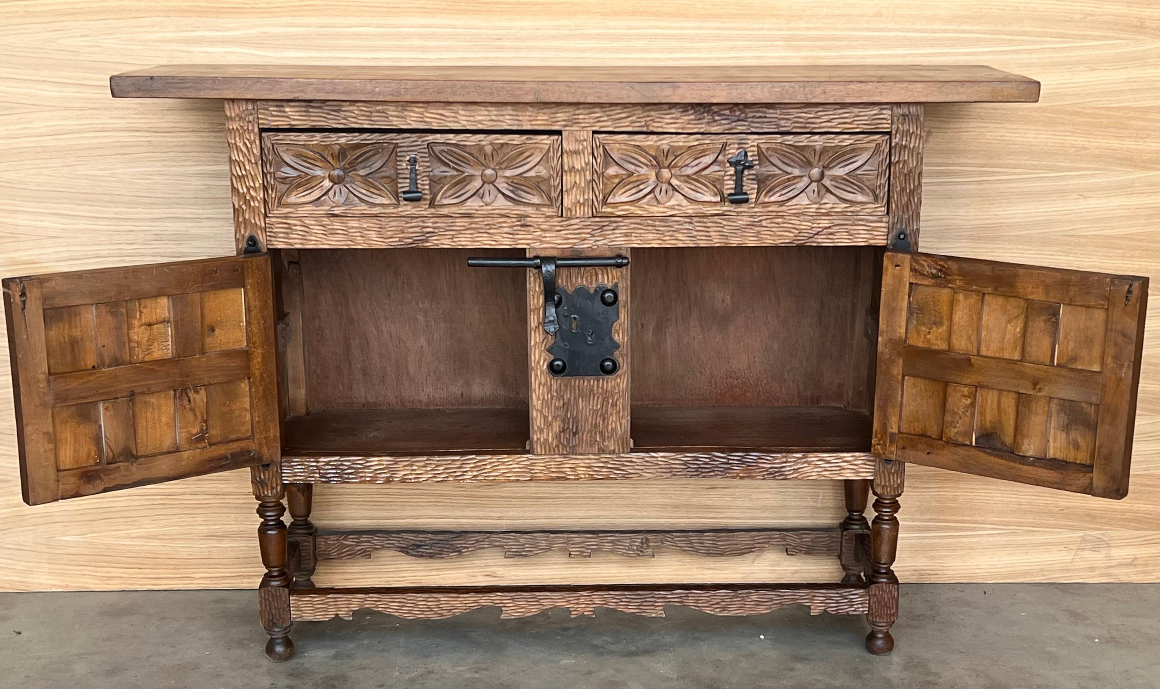 19th Spanish Baroque Carved Walnut Tuscan Two Drawer Credenza or Buffet For Sale 2