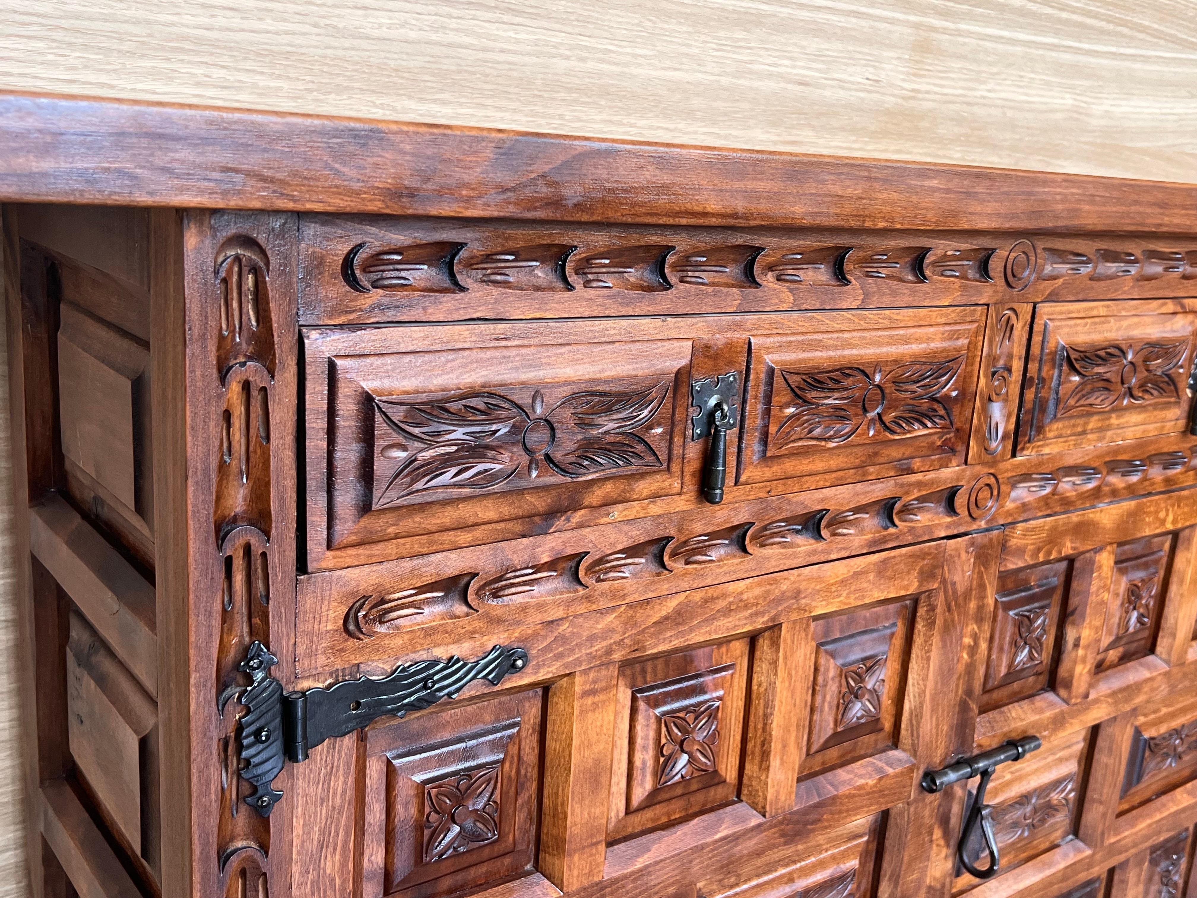 19th Spanish Baroque Carved Walnut Tuscan Two Drawer Credenza or Buffet For Sale 3