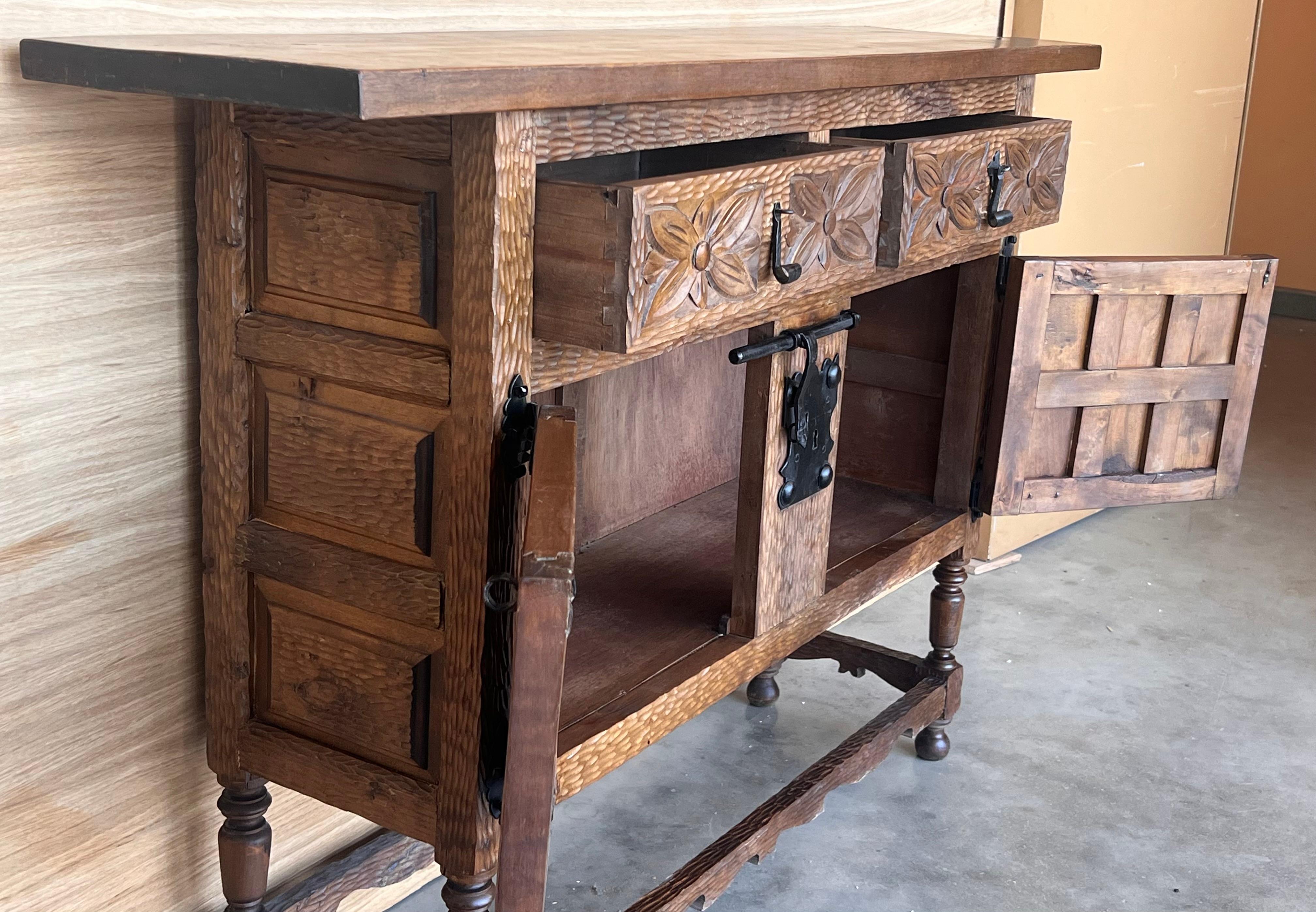 19th Spanish Baroque Carved Walnut Tuscan Two Drawer Credenza or Buffet For Sale 3