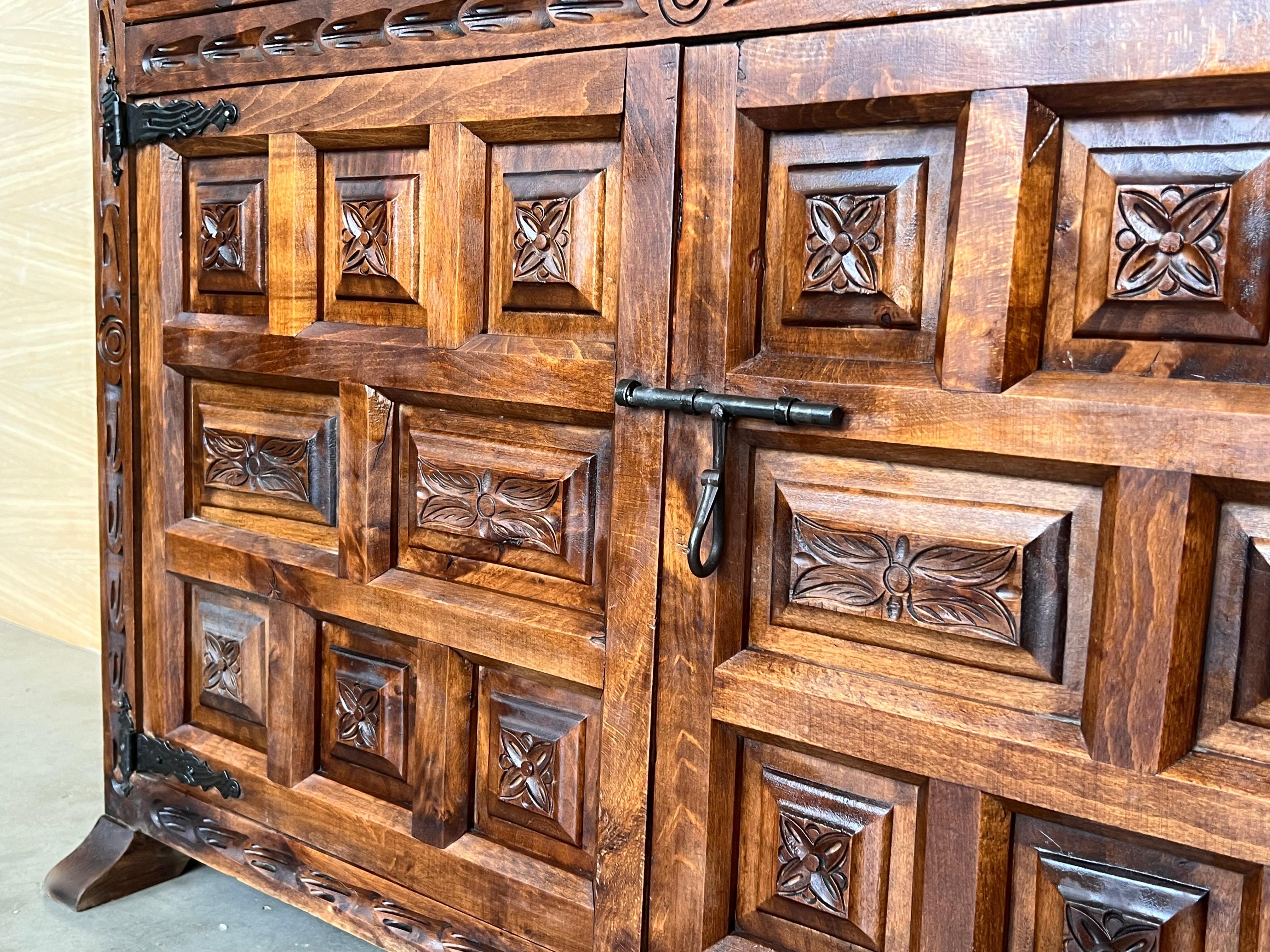 19th Spanish Baroque Carved Walnut Tuscan Two Drawer Credenza or Buffet For Sale 4