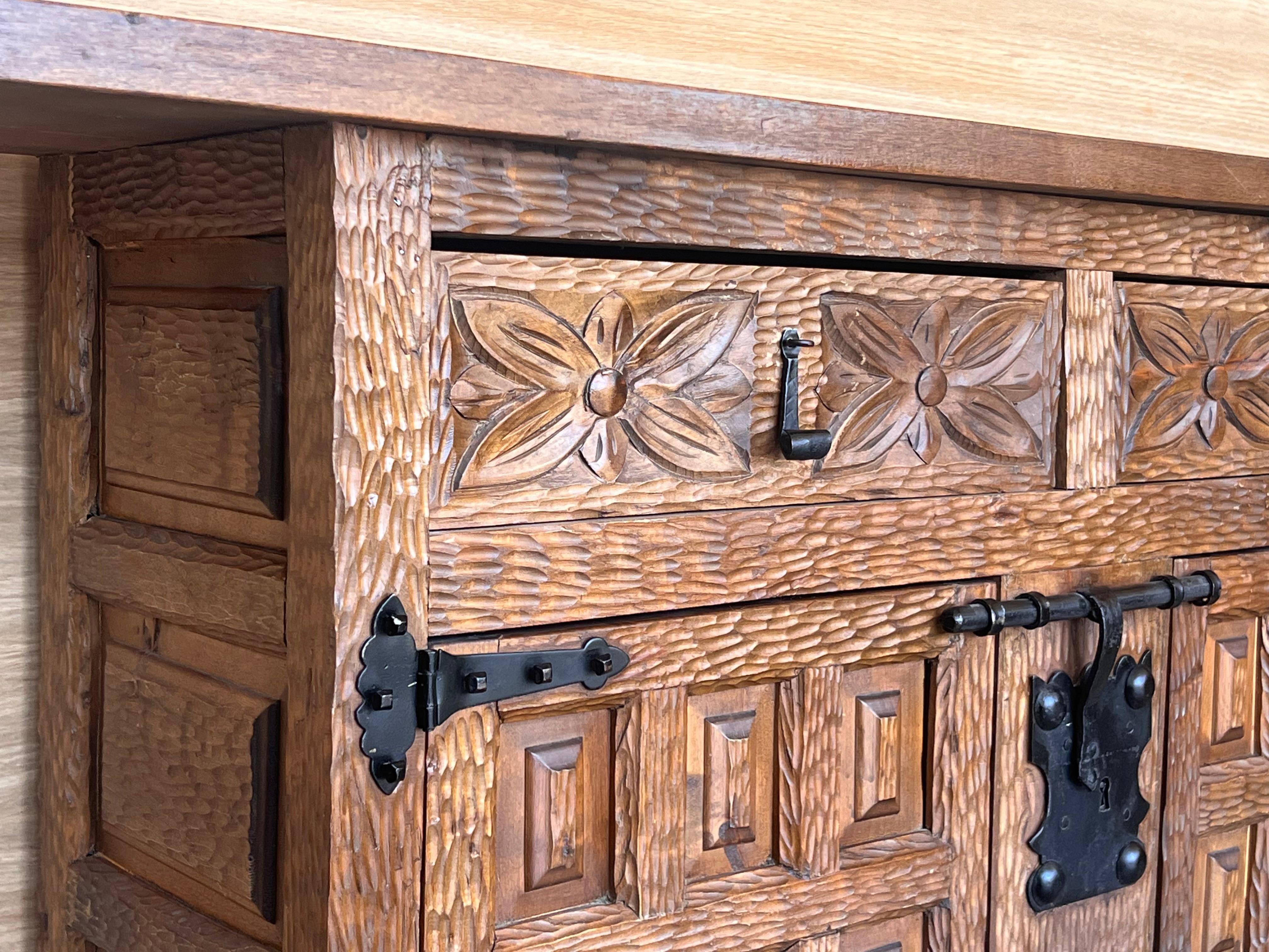 19th Spanish Baroque Carved Walnut Tuscan Two Drawer Credenza or Buffet For Sale 4