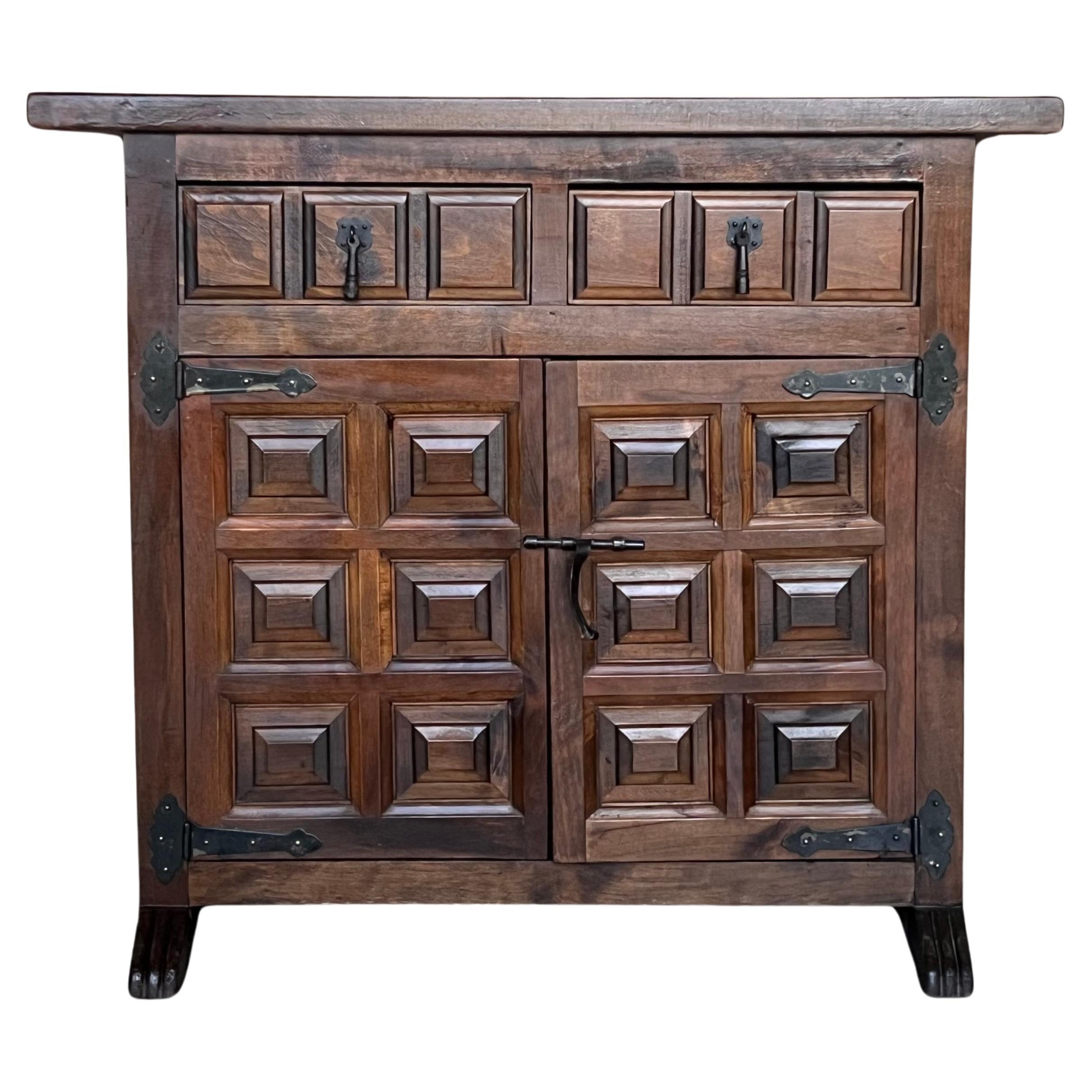 19th Spanish Baroque Carved Walnut Tuscan Two Drawer Credenza or Buffet For Sale