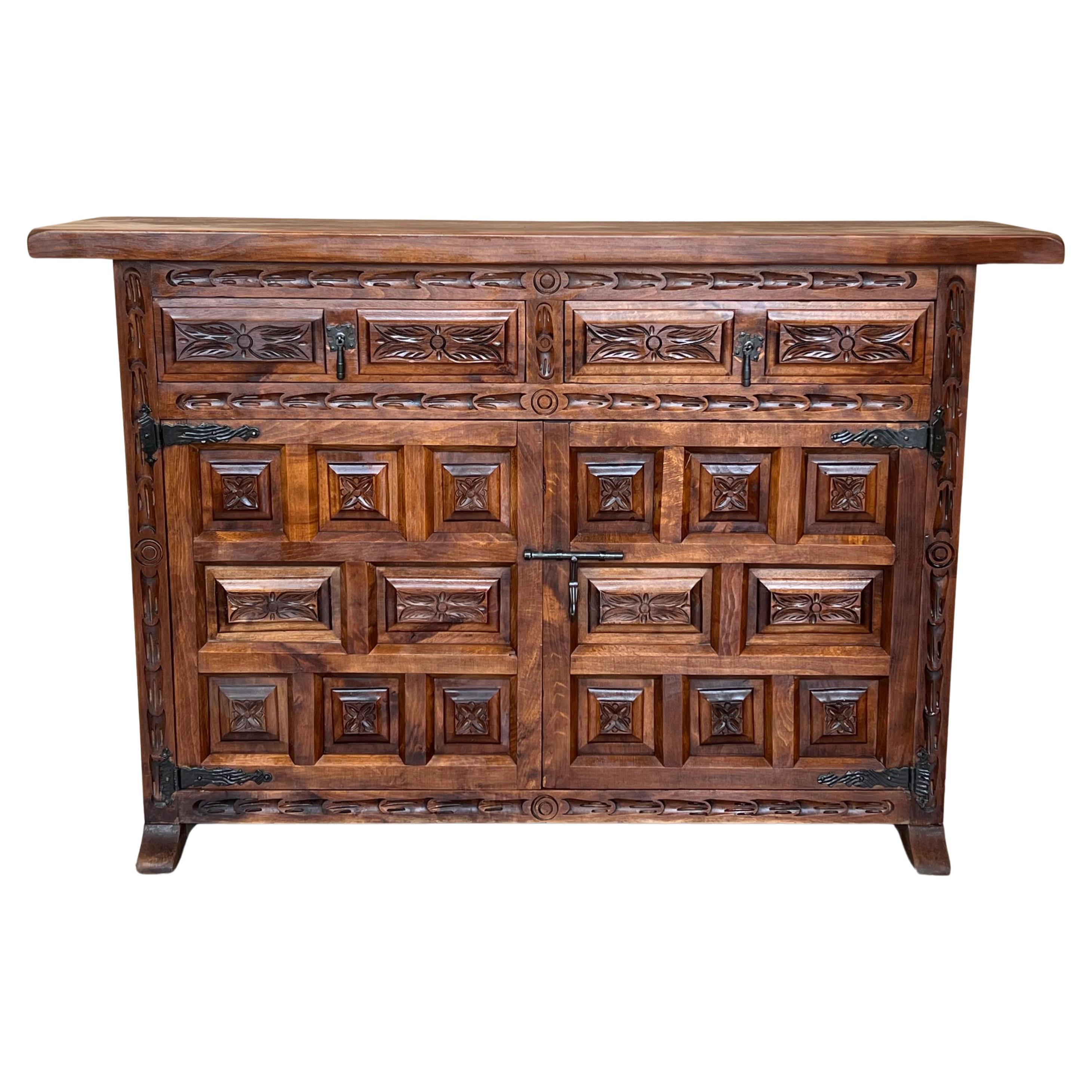 19th Spanish Baroque Carved Walnut Tuscan Two Drawer Credenza or Buffet