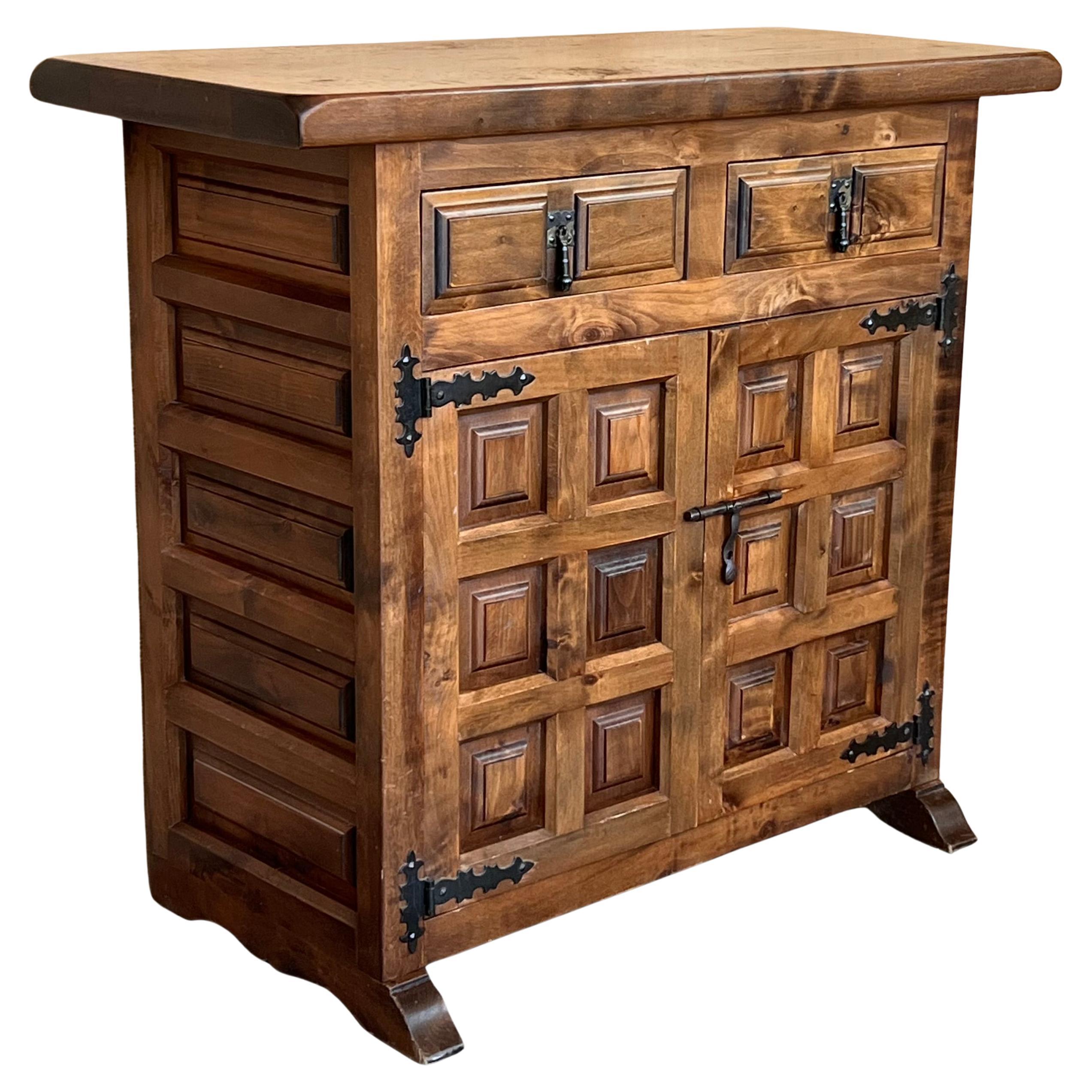 19th Spanish Baroque Carved Walnut Tuscan Two Drawer Credenza or Buffet