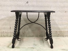 19th Spanish Baroque Side Table with Iron Stretcher and Carved Top in Walnut