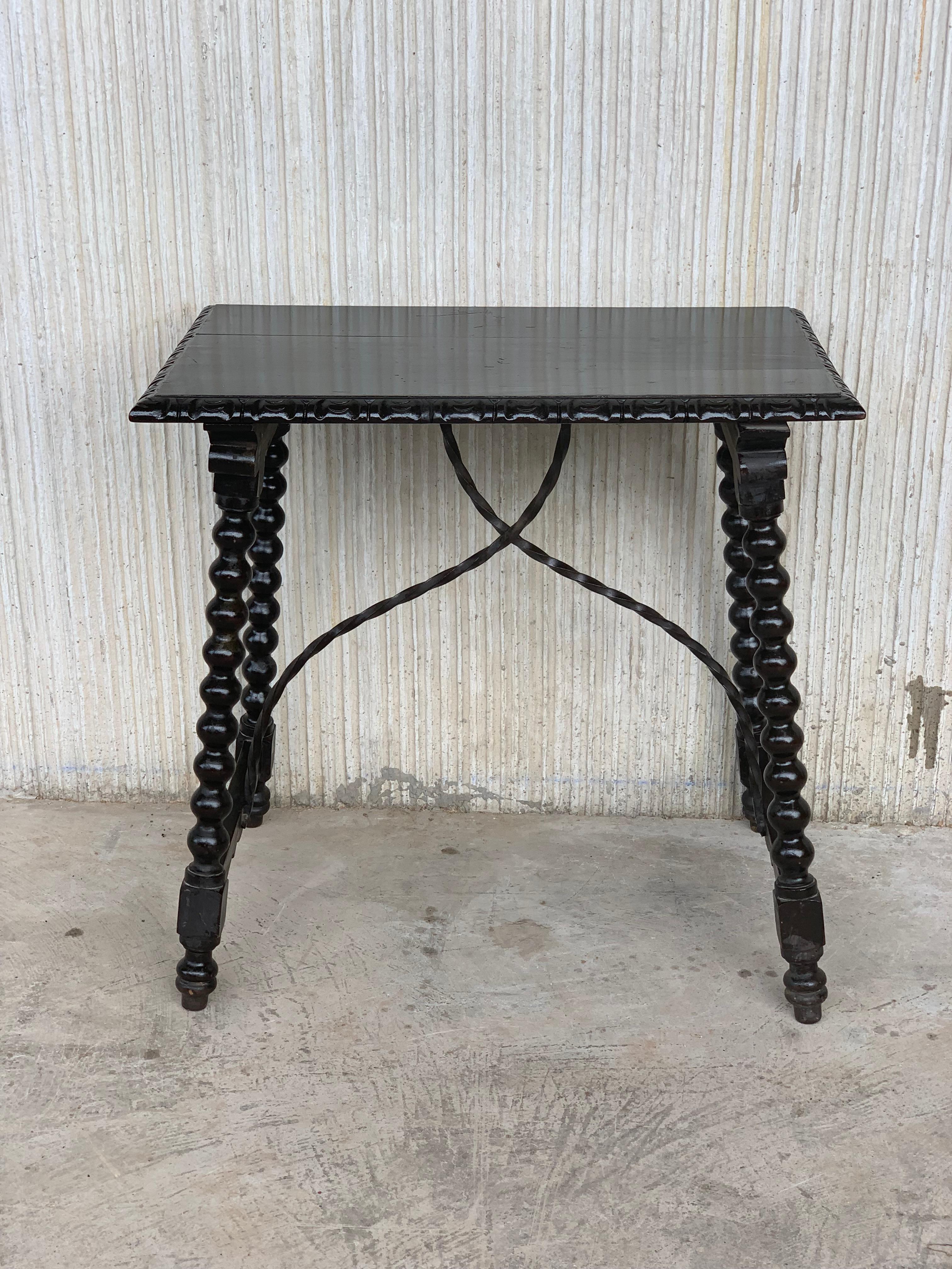 19th Spanish Baroque Side Table with Iron Stretcher and Carved Top in Walnut In Good Condition In Miami, FL
