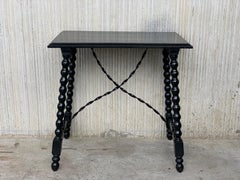 19th Spanish Baroque Side Table with Iron Stretcher and Carved Top in Walnut