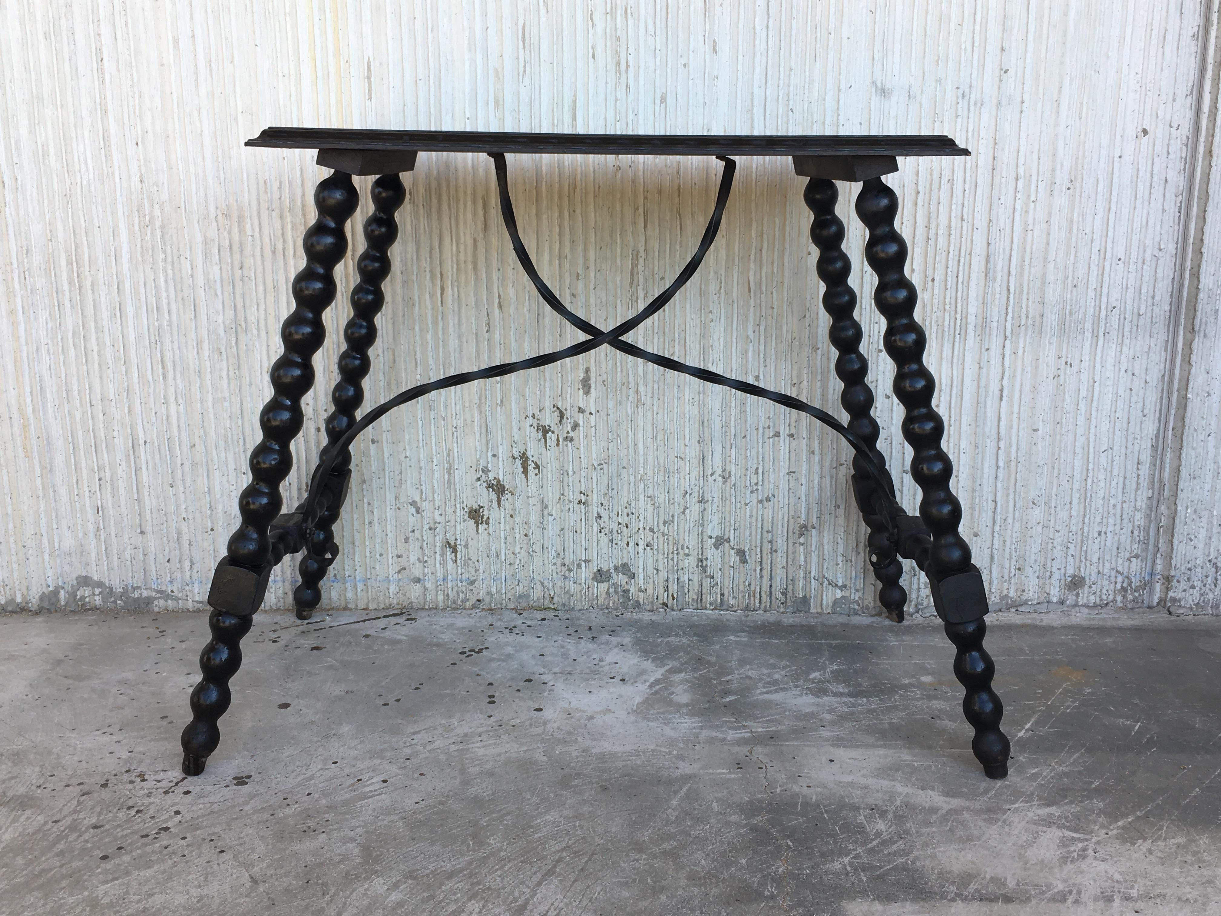 19th Spanish Baroque Side Table with Iron Stretcher and Carved Top in Walnut In Good Condition In Miami, FL