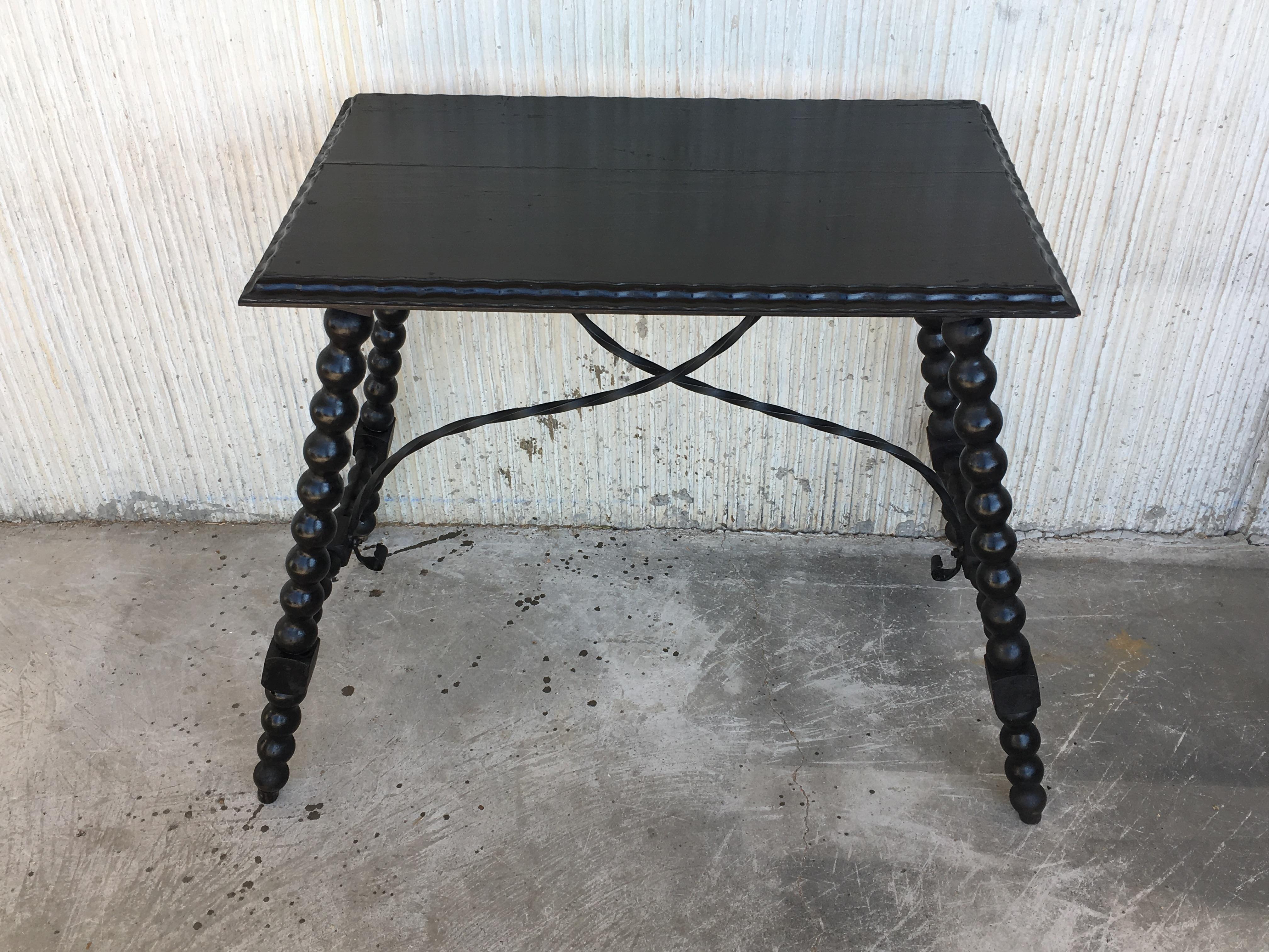 19th Century 19th Spanish Baroque Side Table with Iron Stretcher and Carved Top in Walnut