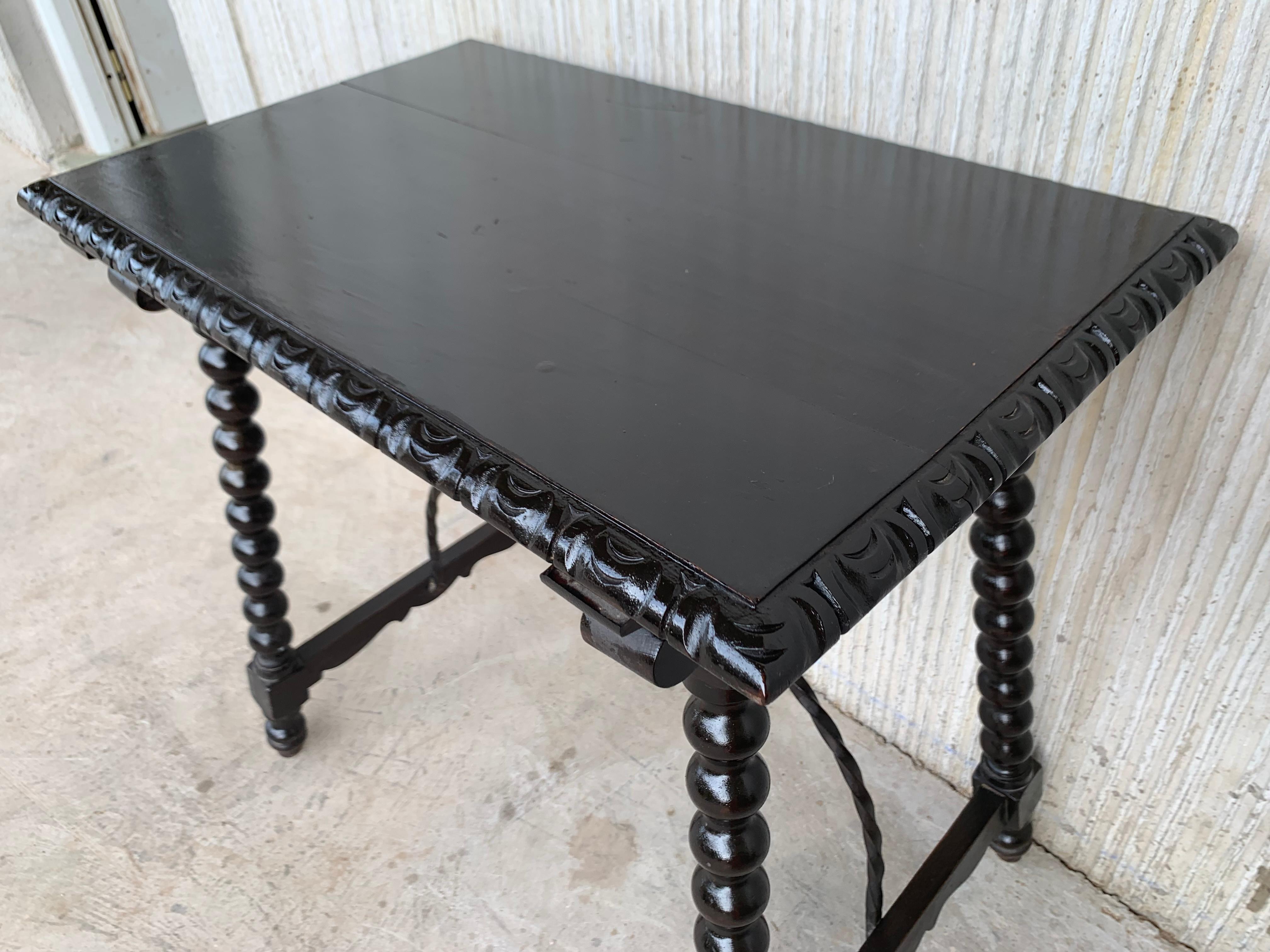 19th Spanish Baroque Side Table with Iron Stretcher and Carved Top in Walnut 3
