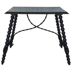 19th Spanish Baroque Side Table with Iron Stretcher and Carved Top in Walnut
