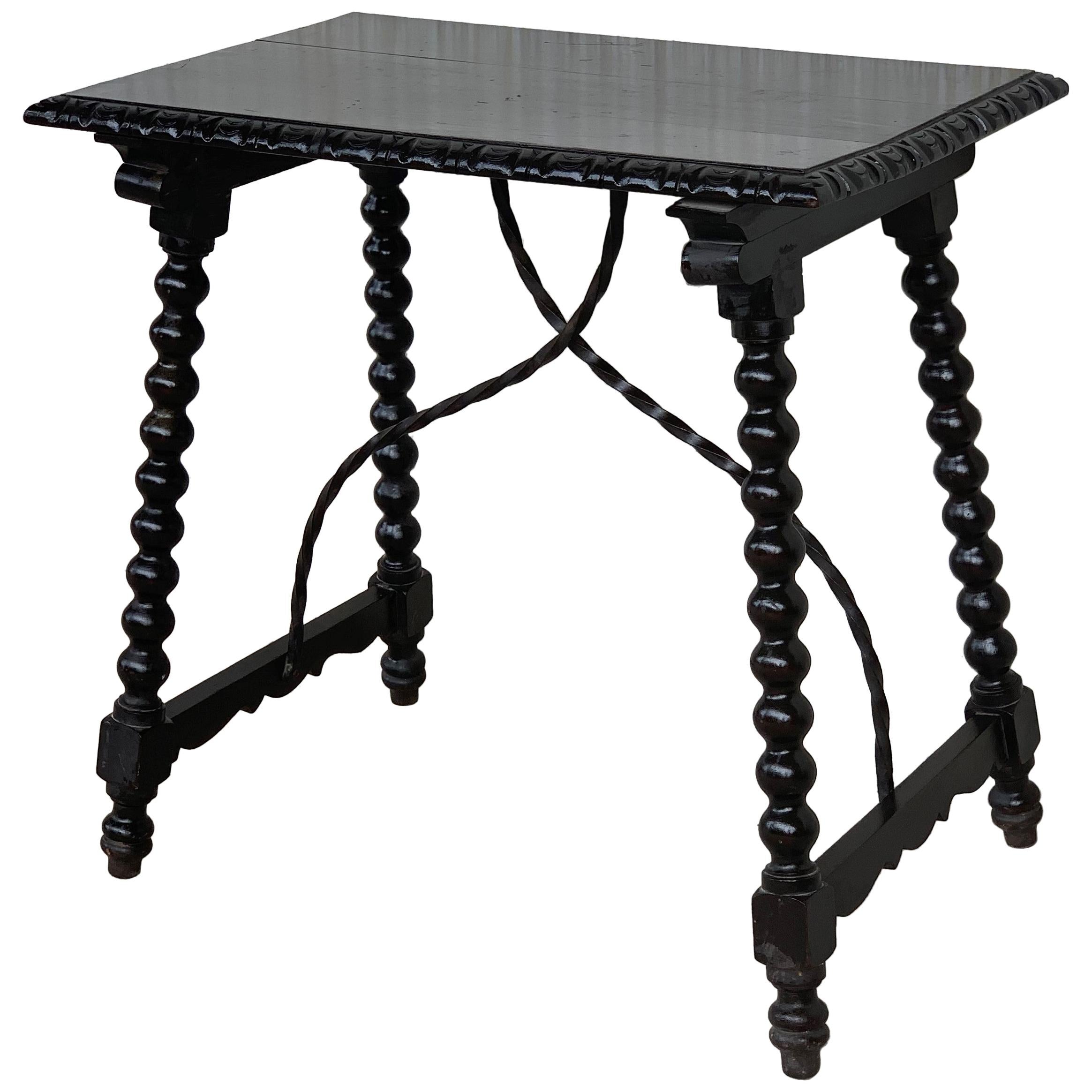 19th Spanish Baroque Side Table with Iron Stretcher and Carved Top in Walnut